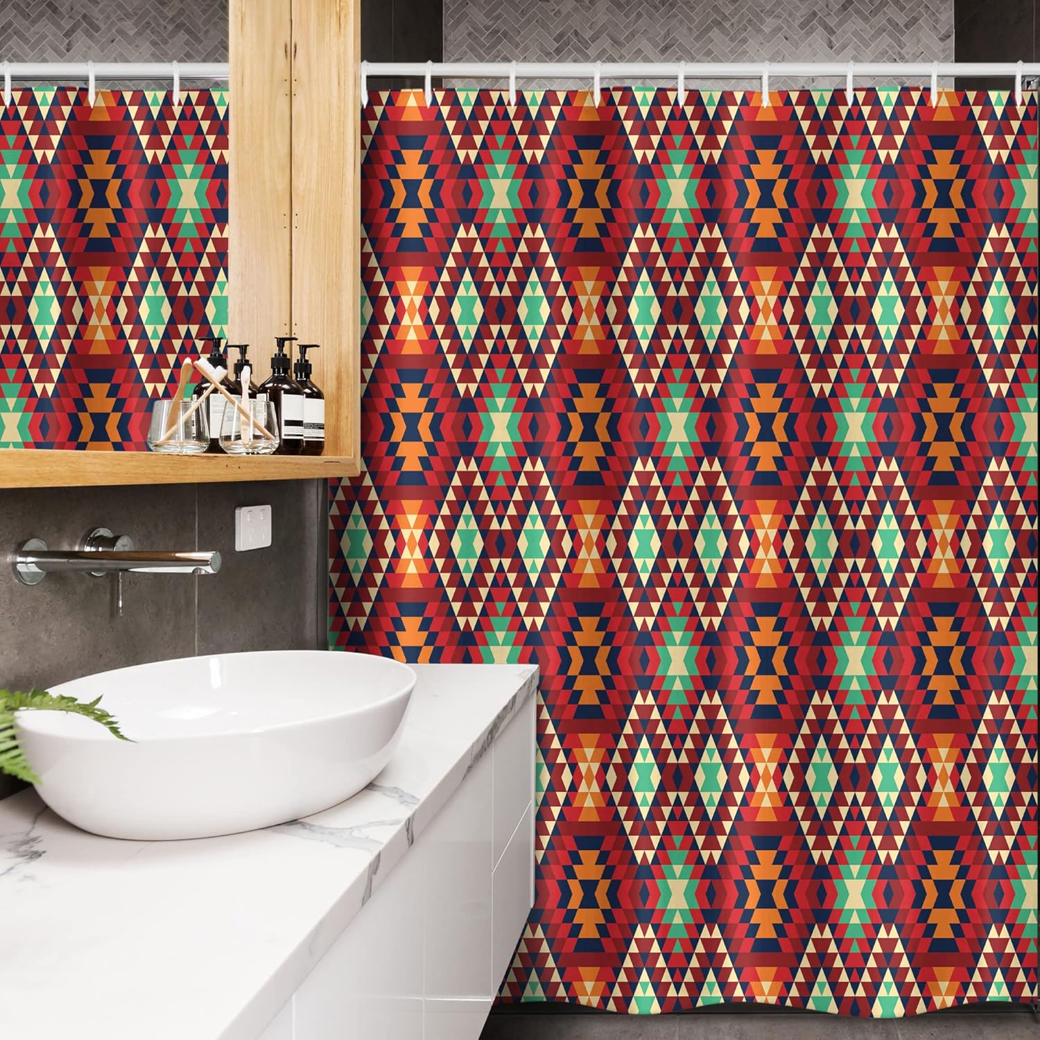 Ambesonne Tribal Stall Shower Curtain, Geometric Triangle Motif Zig Zag Folk Art Style Print, Fabric Bathroom Decor Set with Hooks, 54" W x 78" L, Multicolor