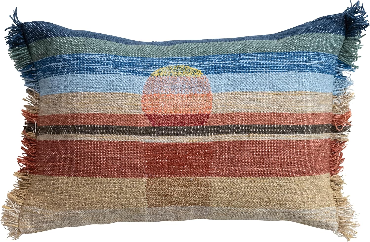 Creative Co-Op Woven Fabric Indoor/Outdoor Lumbar Pillow with Sunset Design, Embroidery, and Eyelash Fringe, Multicolor
