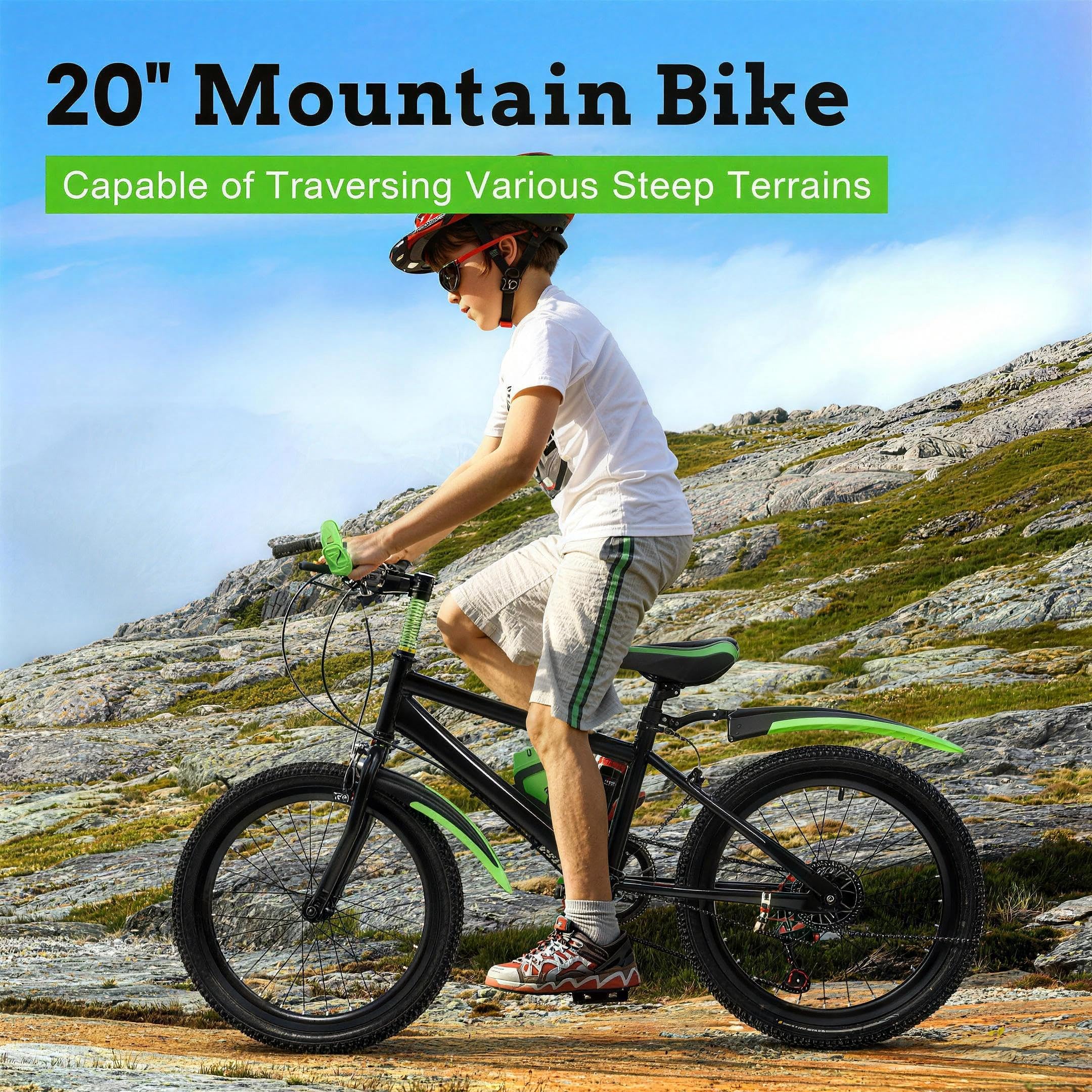 Mountainbike Kinderfahrrad 20 Zoll, 7-Gang-Schaltung | Scheibenbremse & Federgabel, für Kinder ab 6-13 Jahren, mit Schutzblech, Wasserflasche & Kompassglocke, 20 Zoll Fahrrad Junge