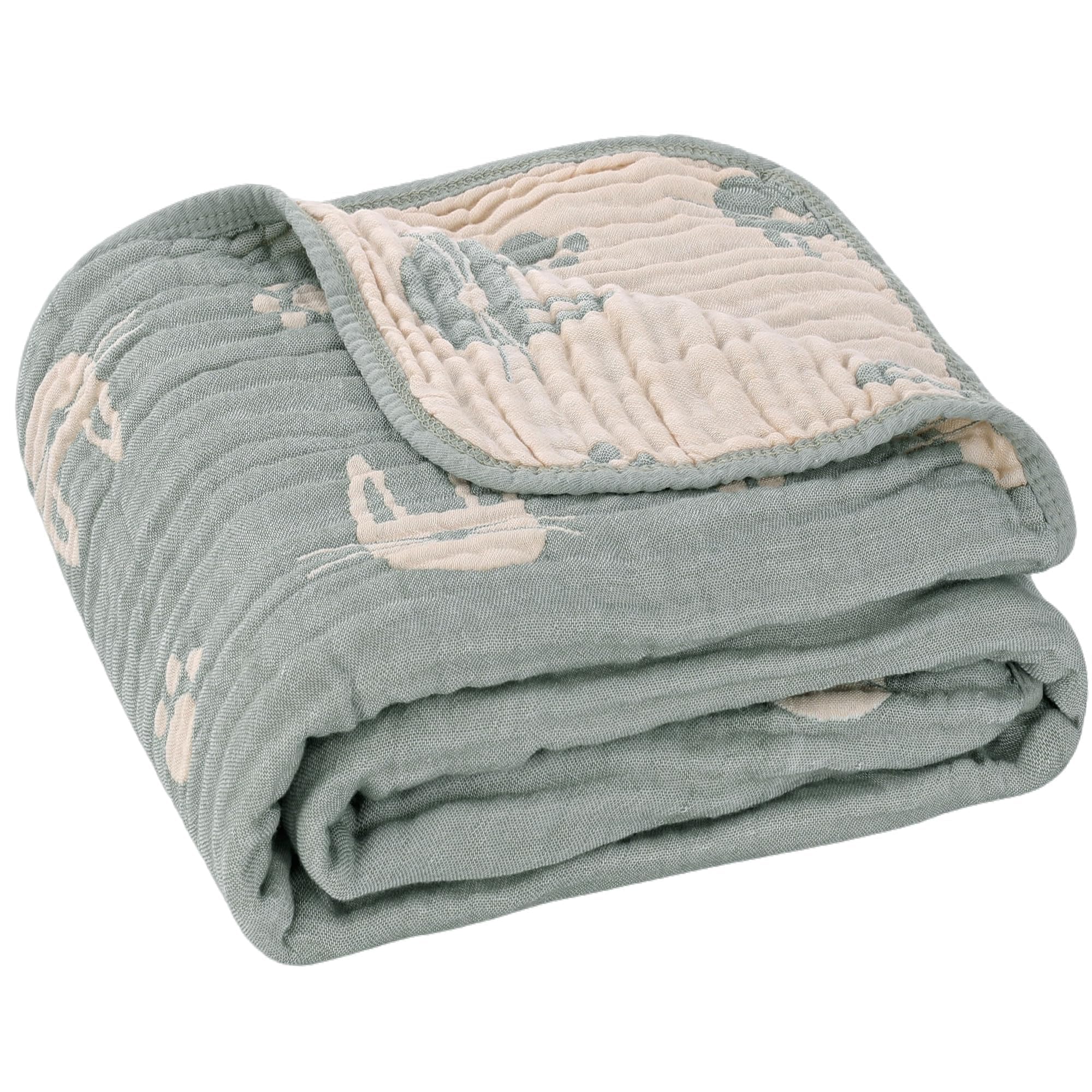Muslin Baby Blanket Organic Cotton Blend Jacquard (Sage Bunny,43")