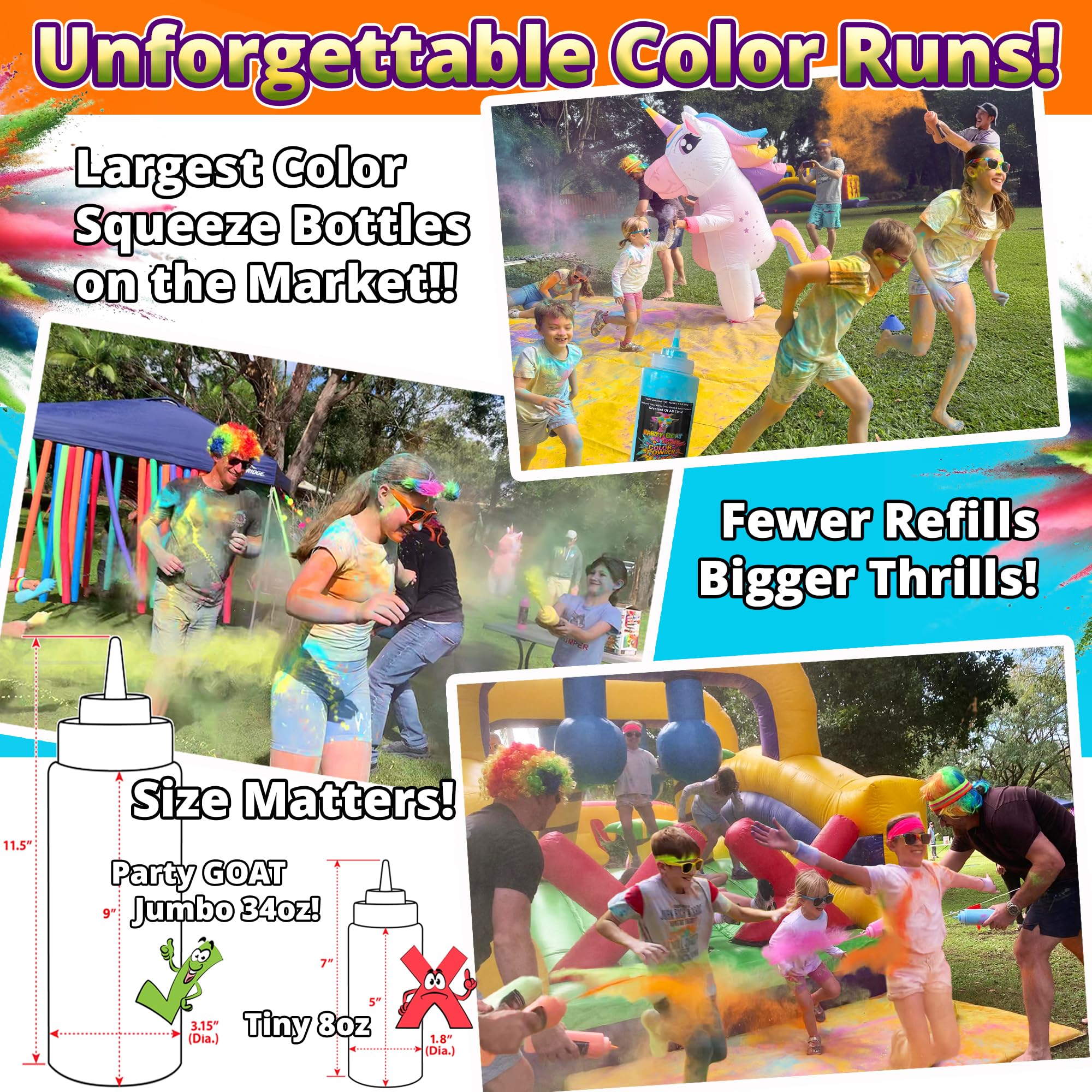 PARTY GOAT Color Run - Bottiglie di polvere da spremere, extra large, 963,9 g, polvere di Holi per guerre colorate, feste e campi estivi, 0,5 kg ciascuna, confezione da 6