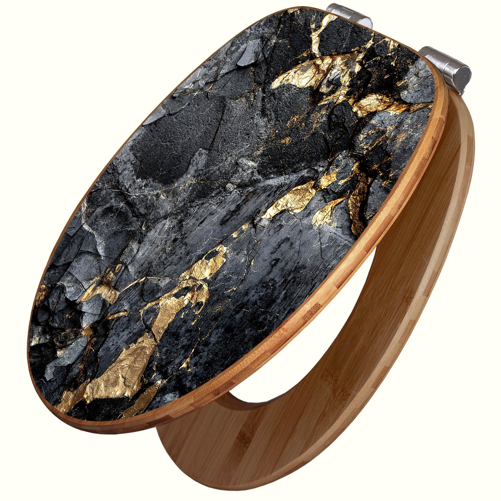 banjado Design WC Sitz Bambus Absenkautomatik 45,8x37,5cm - Toilettendeckel mit Absenkautomatik Holz - hochwertiger Bambus Klodeckel - WC-Sitz für gängigen Toiletten - Motiv Schwarzer Marmor mit Gold