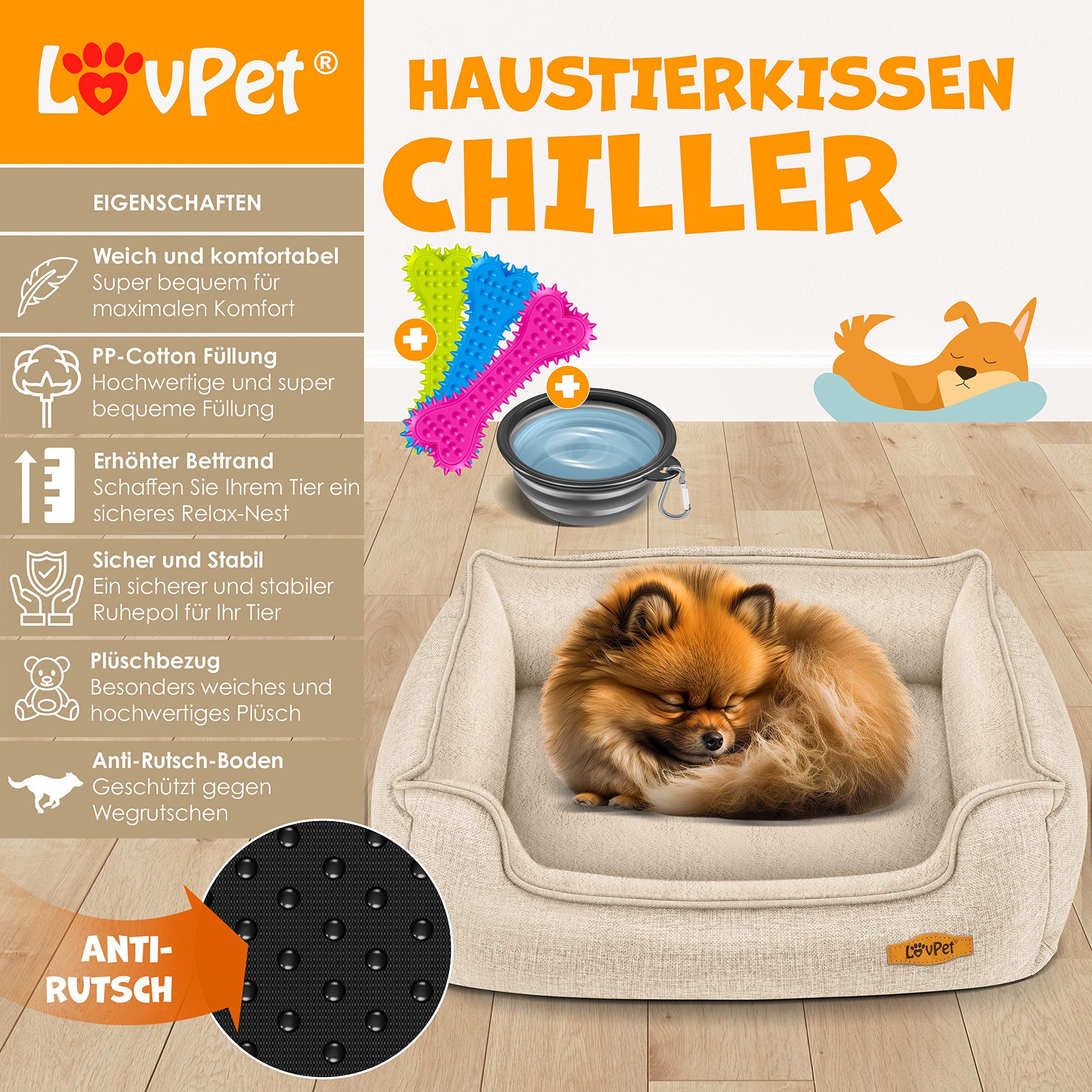 Lovpet® Cuccia per Cani Cuscino per Cani Letto per Cani, incl. Ciotola + 3X Ossa da Masticare, Cuscino per Divano per Cani di Ogni Taglia, Rivestimento Rimovibile e Lavabile, XL 110 x 75 x 27 cm