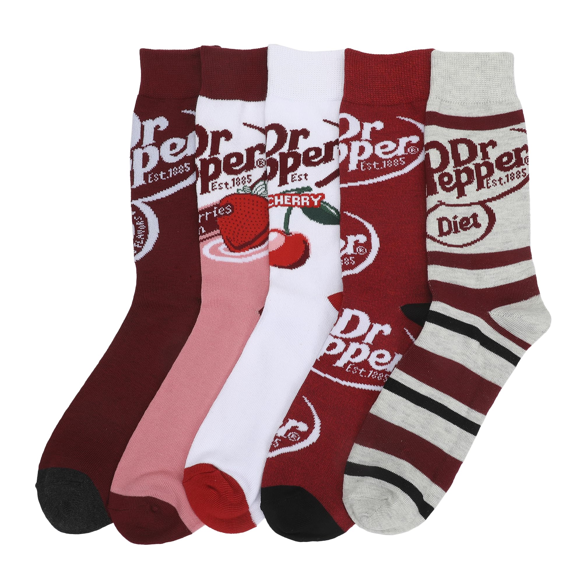 Bioworld Dr Pepper Variety Logos Men’s 5-Pair Pack Casual Crew Socks