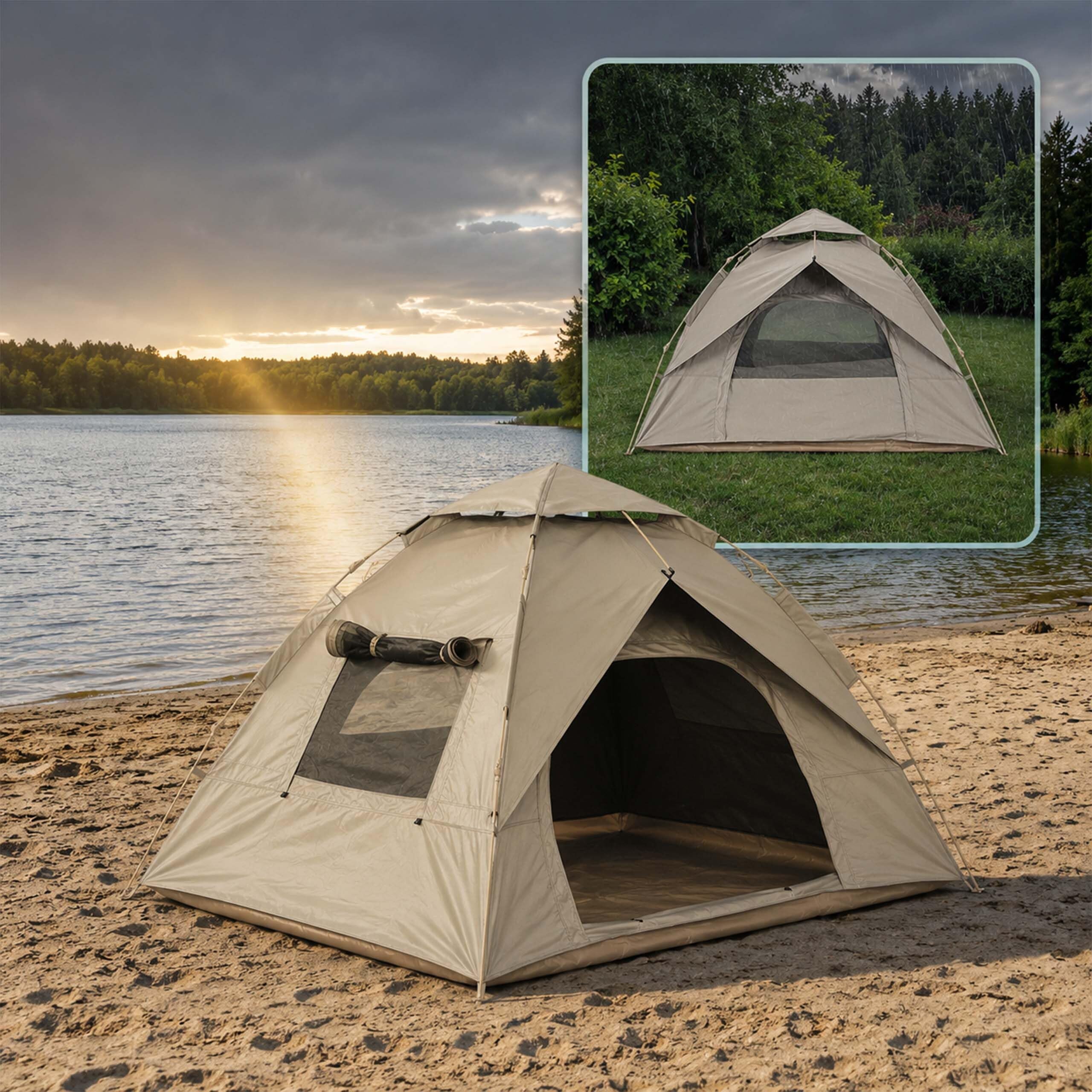 Relaxdays Tienda para 3-4 Personas, Montaje rápido y automático, Beige | protección UV, mosquitera, 145×200×220 cm