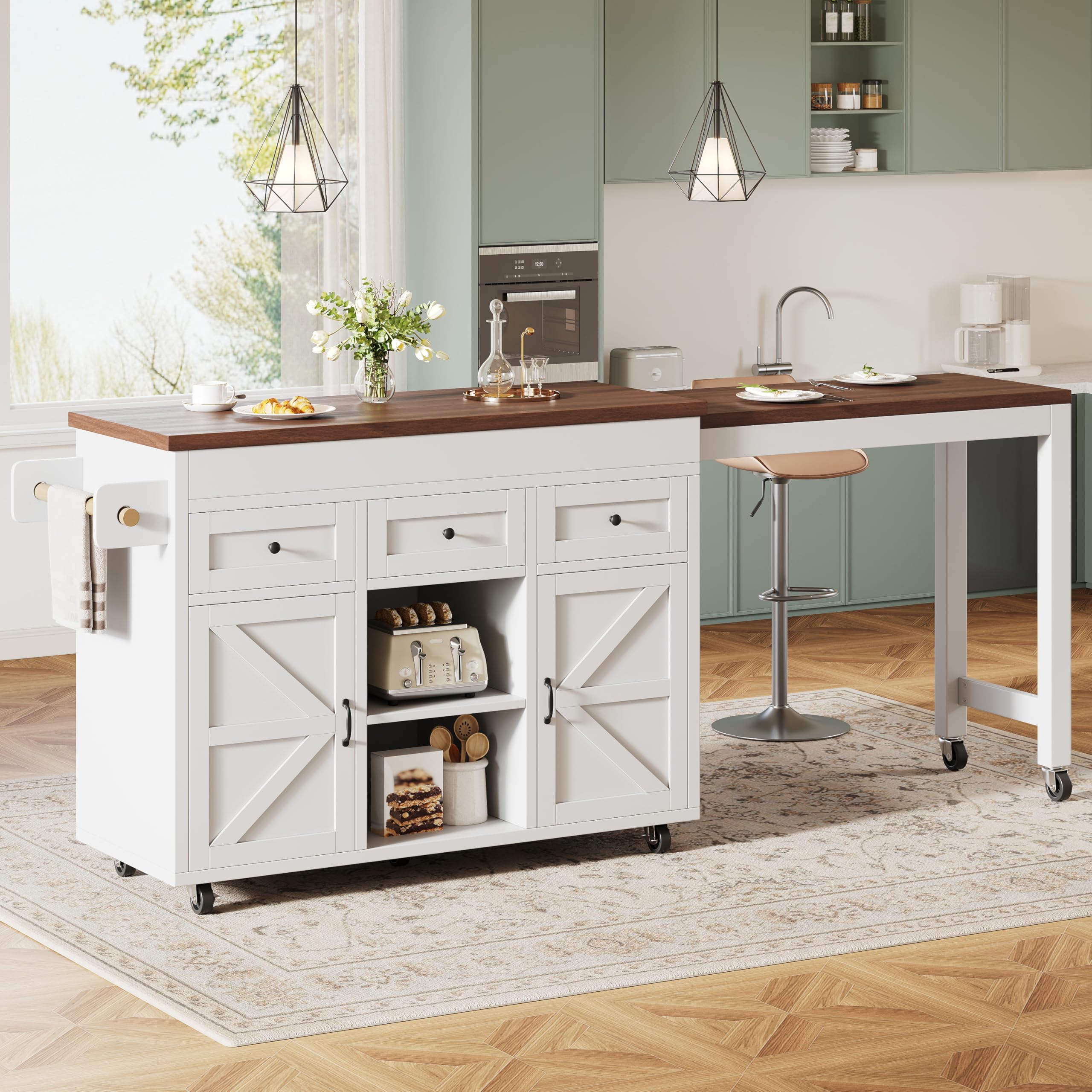 Bartisch Ausziehbar mit Stauraum und 360° Drehbare, Ausziehbarer Esstisch mit Schubladen und Schränken, Kücheninsel mit Rollen, Küchentheke für Küche Esszimmer, 131,5-210x45x92 cm, Weiß