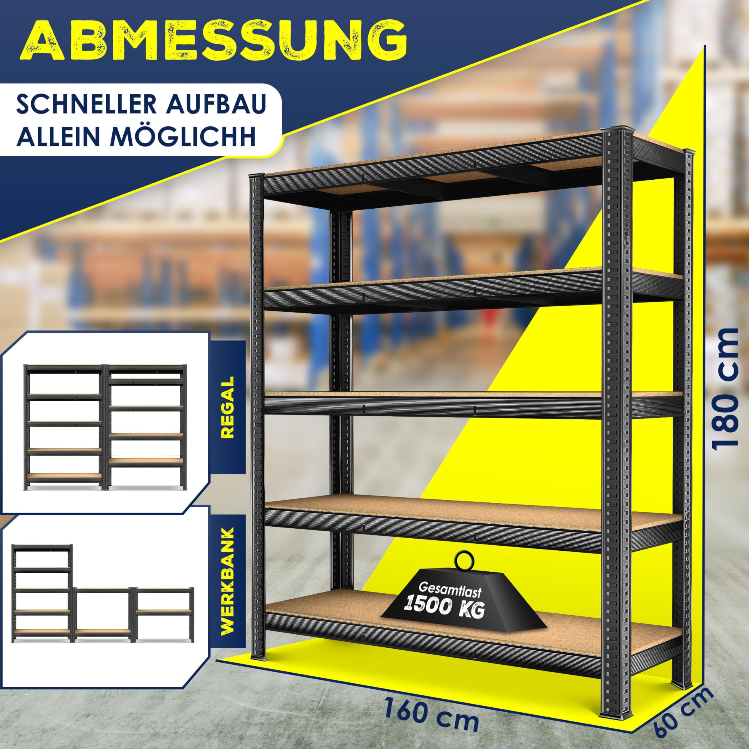 MASKO® Schwerlastregal Lagerregal Kellerregal 180x160x60cm, 1500kg belastbar, 5 verstellbare Ablagen, MDF-Platten Regal aus Metall, Steckregal, Werkstattregal Stahlgestell Garage Werkbank Schwarz