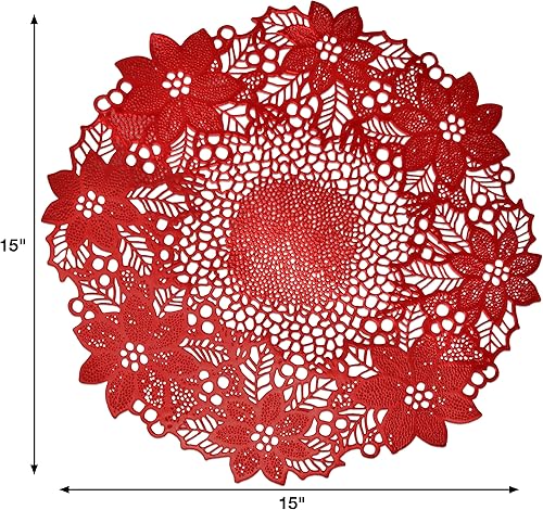 Miniatura 2 de Gift Boutique Juego de 4 manteles individuales redondos de Navidad de vinilo metálico rojo festivo, lavables para decoración de mesa de cena, 15