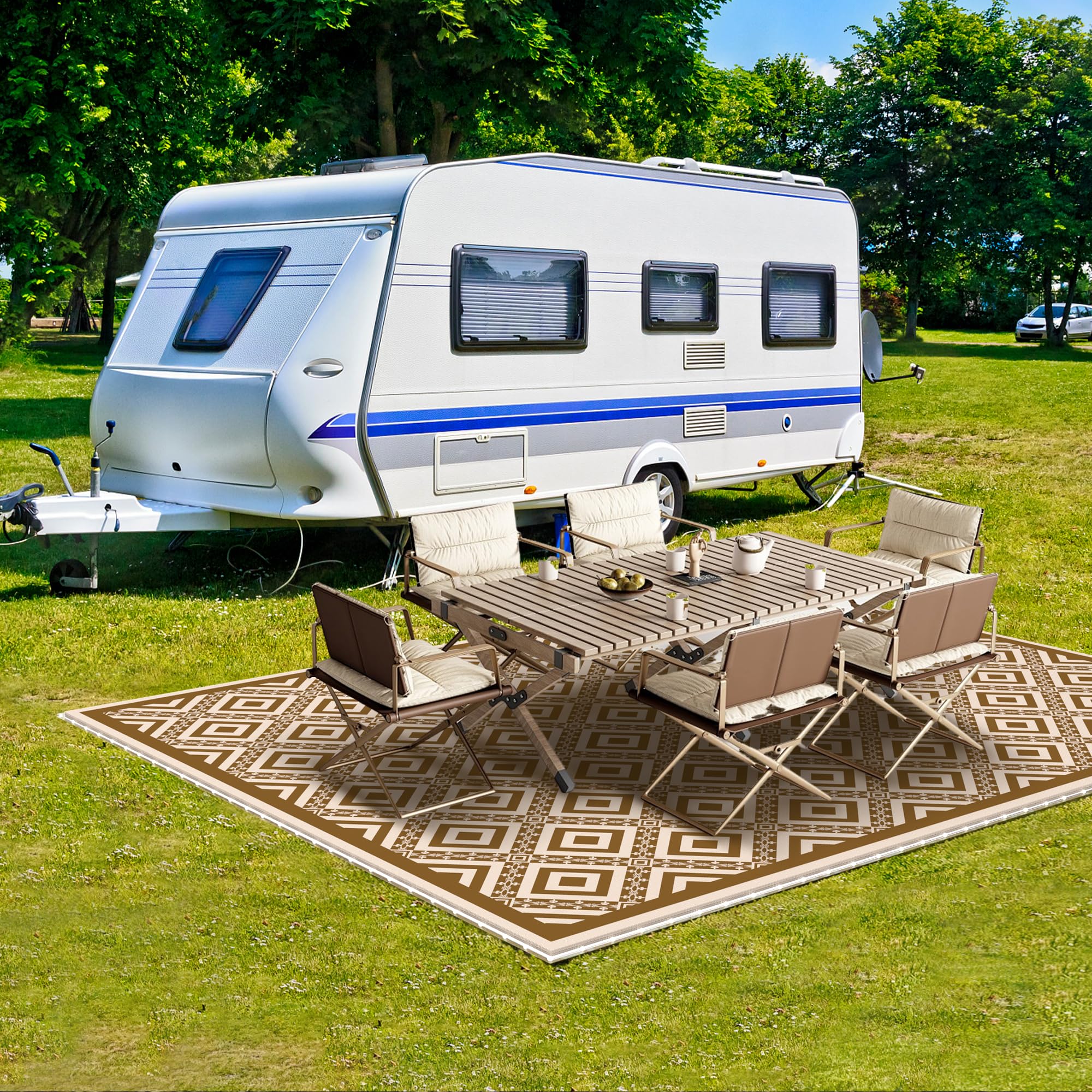 Tapis d'extérieur réversible avec lumières - 2,4 x 3 m - Tapis d'extérieur en paille en plastique imperméable, facile à nettoyer, ne perd pas ses poils, pliable et portable - Tapis réversible pour