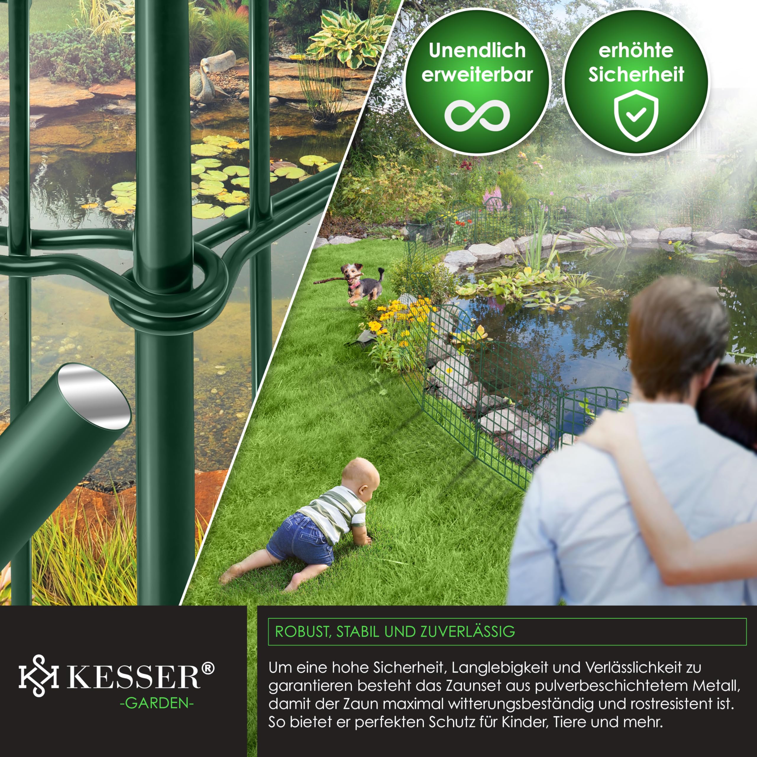 KESSER® Valla para estanque, valla de jardín, juego completo de vallas de metal, incluye martillo + varillas de fijación, valla para colocar en el jardín, Arco superior en punta - Set de 10