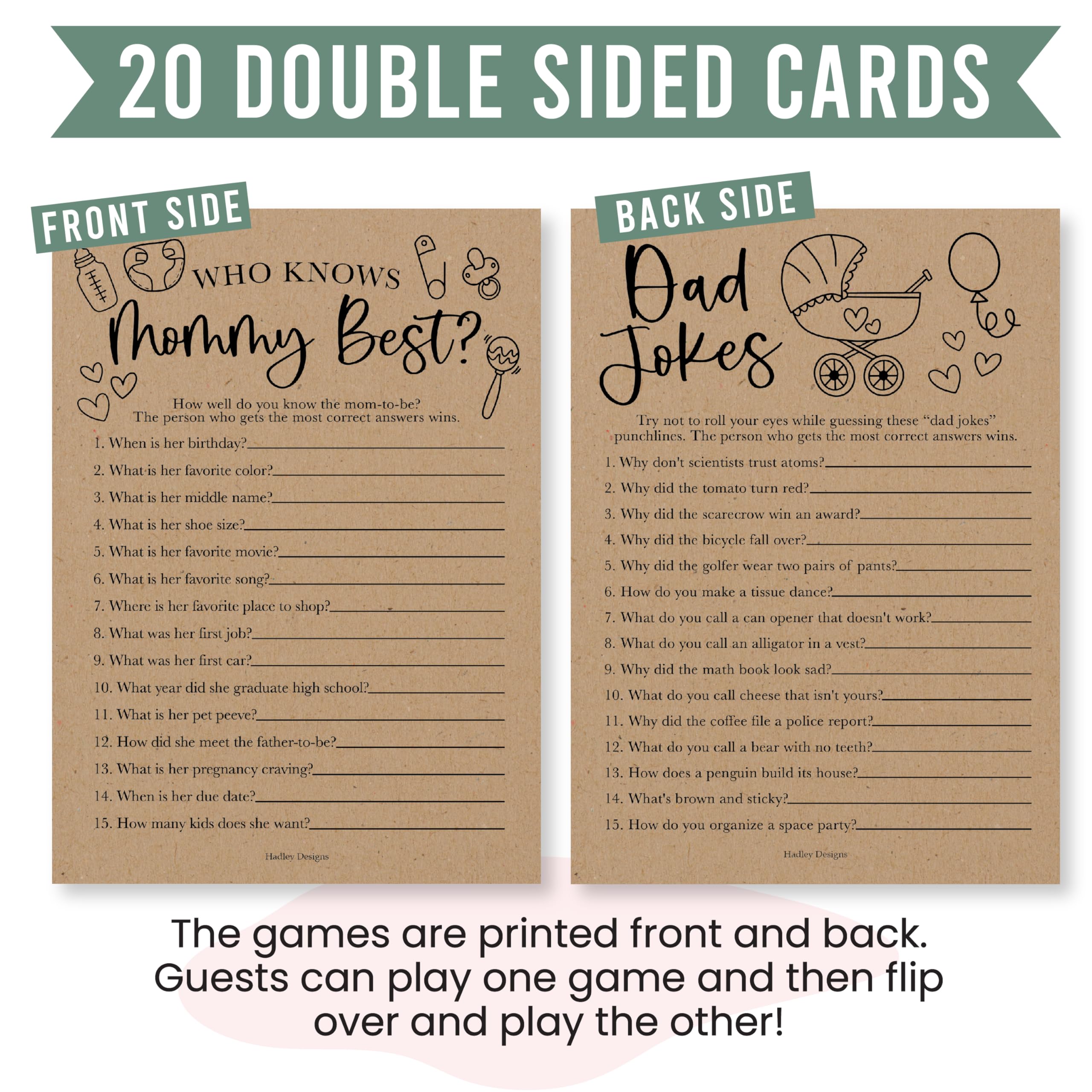 20 Hilarious Baby Shower Games Cards - Gender Neutral, Rustic Theme, 5x7 Inch, Includes Answer Sheet, For Guests & Dads