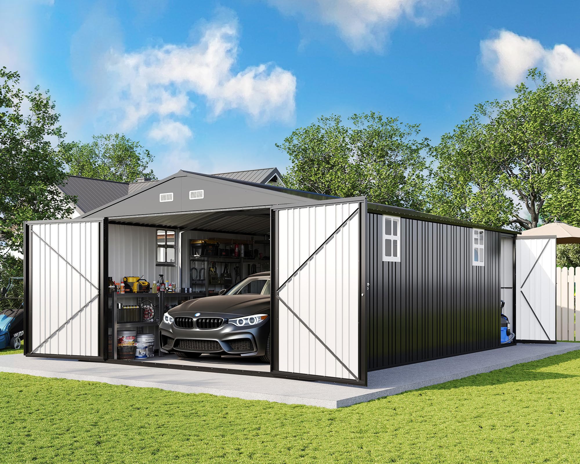 AMERLIFE 10x21x7.3 FT Metal Garage Shed with Double Hinged Doors, 4 Windows