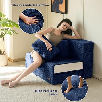 MAXYOYO Folding Sofa Bed, Tri-Fold Mattress 15cm for Guest, Corduroy Fabric | Tri-Fold Mattress with 2 Pillows, Convertible Sofa Chair Futon Z Bed with 15cm Thincken Foam, Portable 3 in 1 Floor Couch