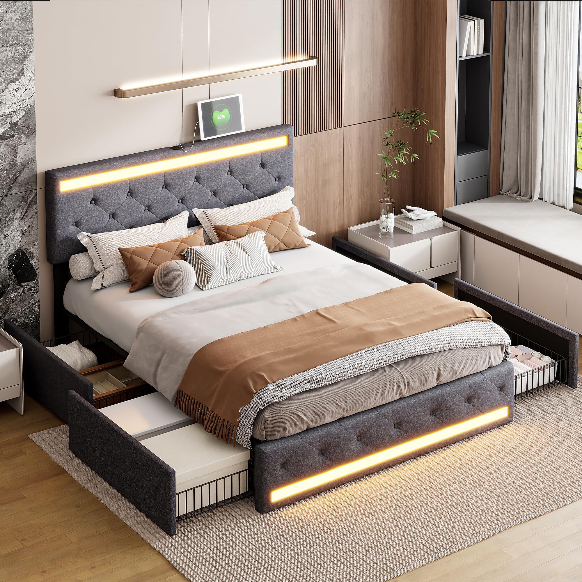 Tweepersoonsbed 140x200cm linnen stof met 4 laden en USB-poort