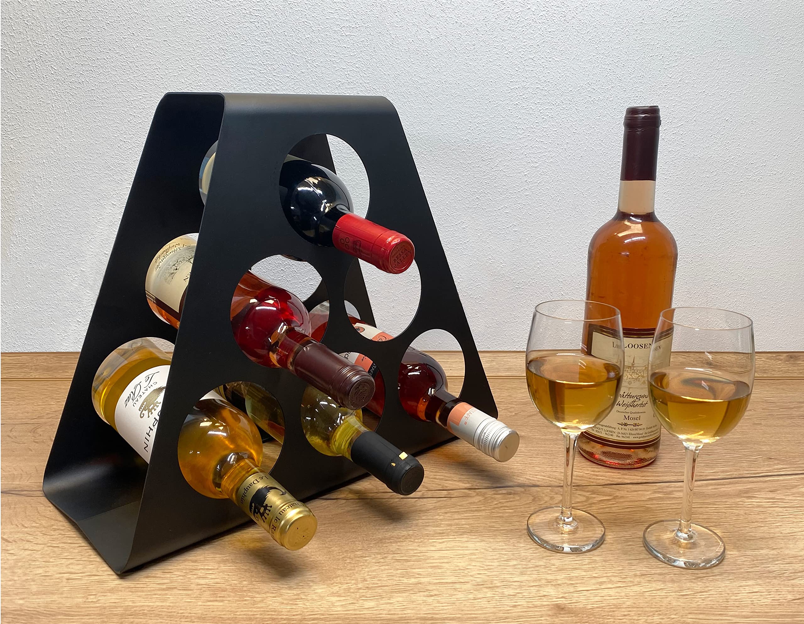 Regał na wino (6 uchwytów na butelki), wolnostojący, nowoczesny design, wykonany ze stabilnego metalu, z powłoką proszkową premium, kolor czarny