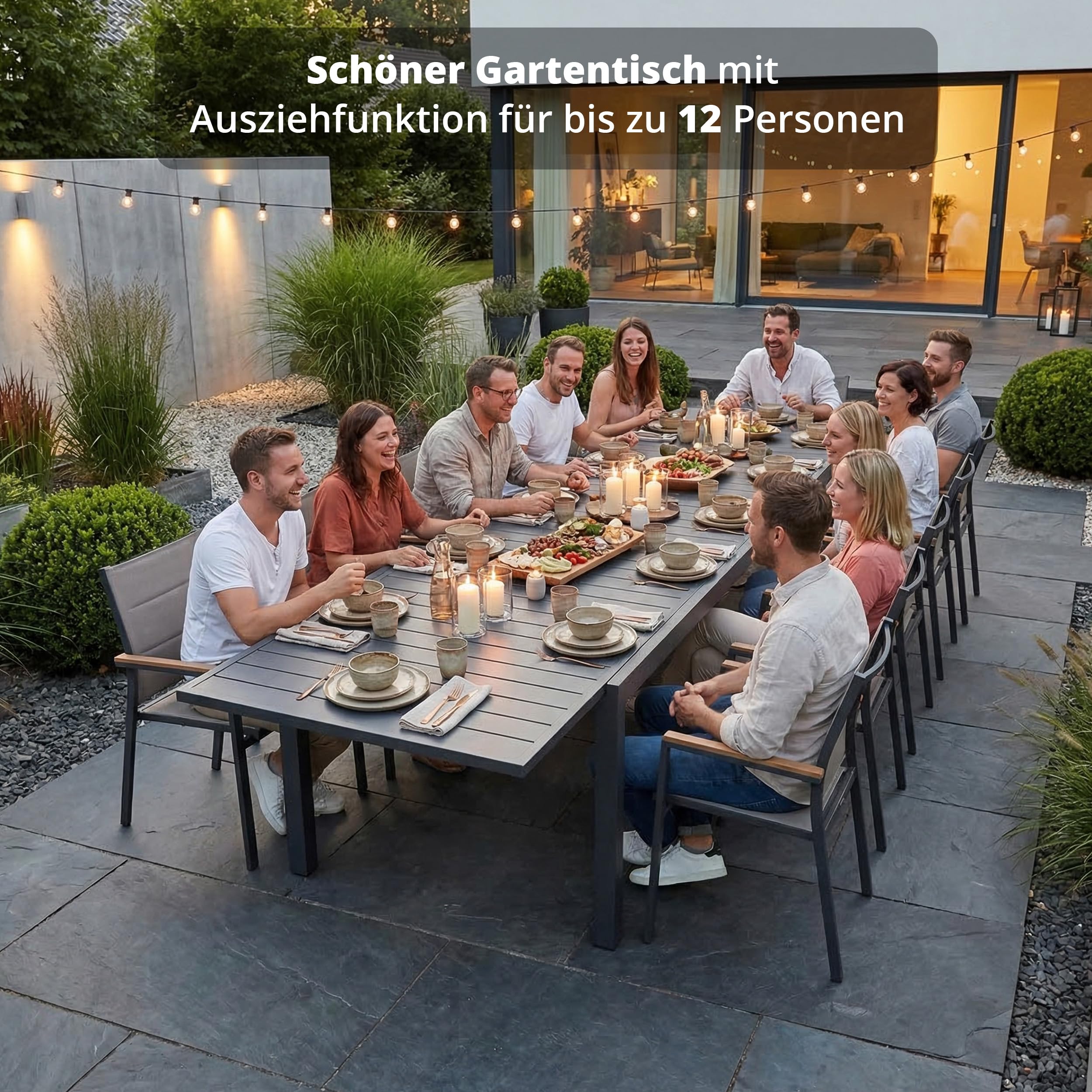 KHG Gartentisch ausziehbar Grau, Ausziehtisch aus Eisen-Gestell und Aluminium Tischplatte für 10 Personen, wetterfest UV-beständig, 100x75x203-320 cm