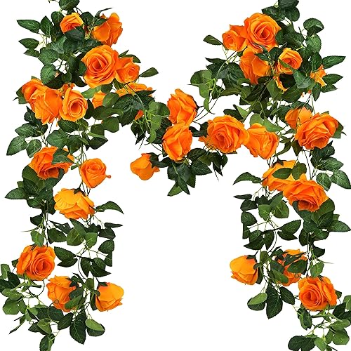 FiveSeasonStuff Warm Orange Artificial Rose Garlands, Four Separate Faux Flower