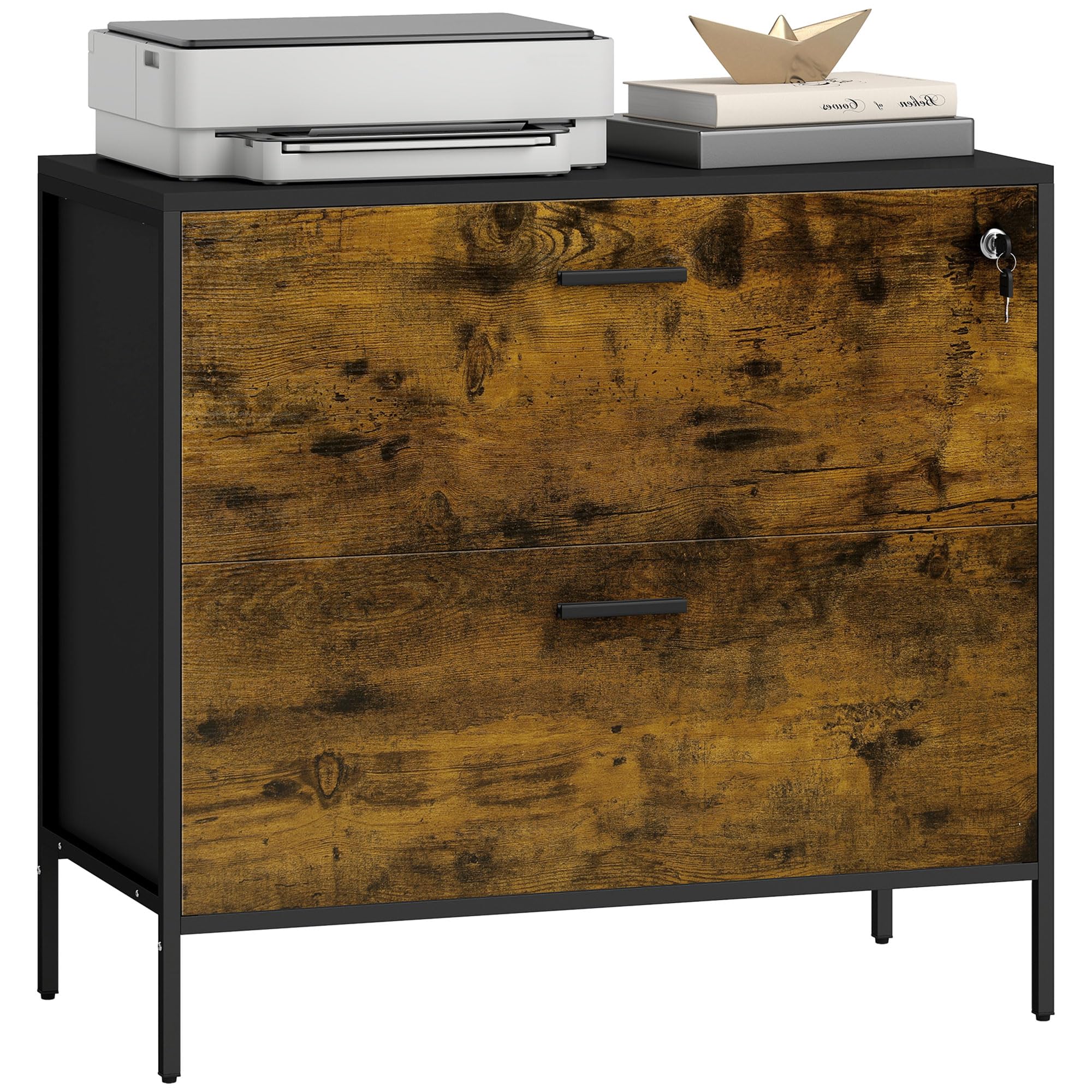 HOMCOM Cassettiera da ufficio industriale con 2 cassetti e serratura cassetto per raccoglitori con cartelle sospese, dimensioni A4, 80 x 39 x 73,5 cm, marrone