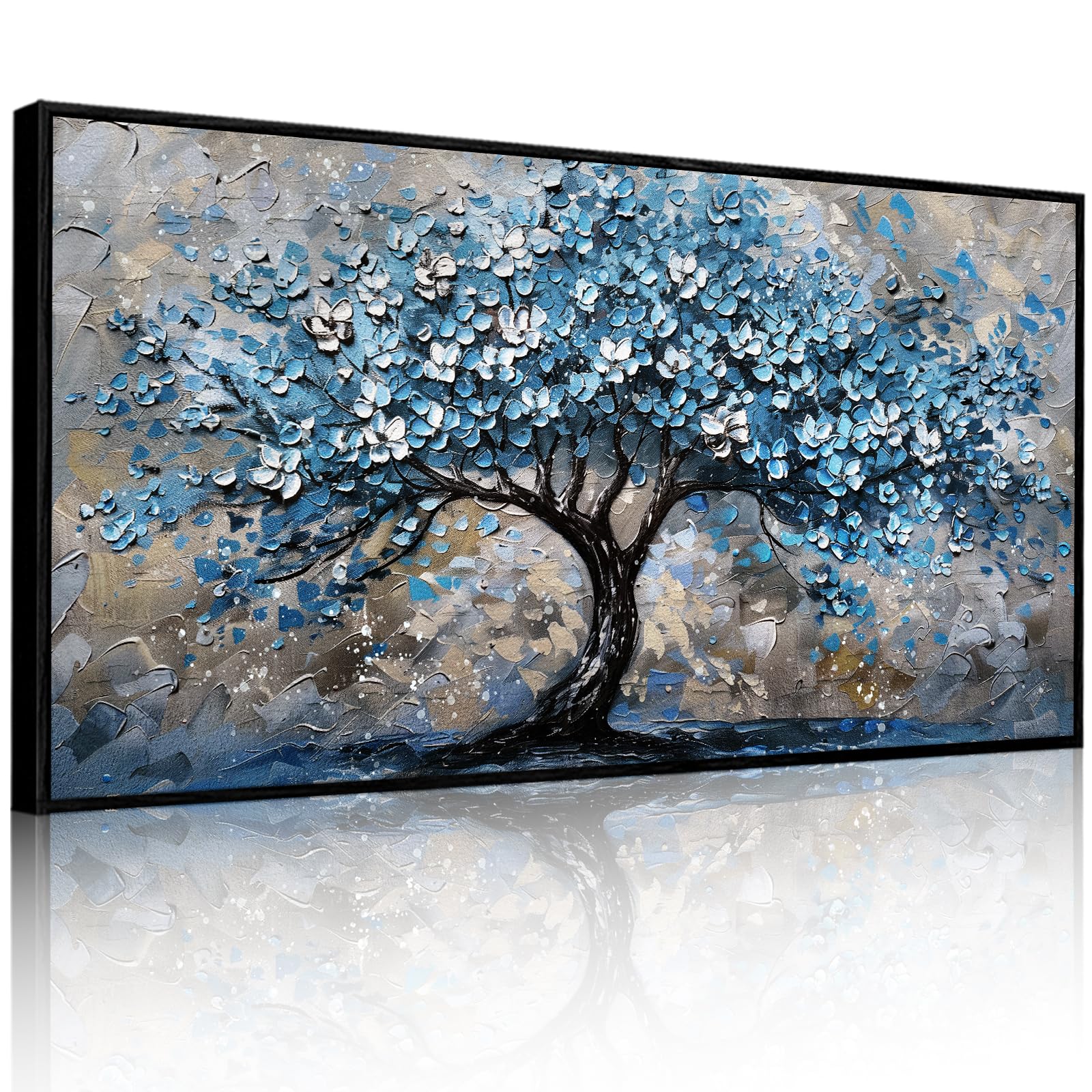 JHHUAMO Canvas Wall Art Large, Wooden Framed Botanical Prints, Blue Tree of Life Natural Wall Decoration for Living Room Bedroom Hallway Stairs Office Dining Room 24"x48"