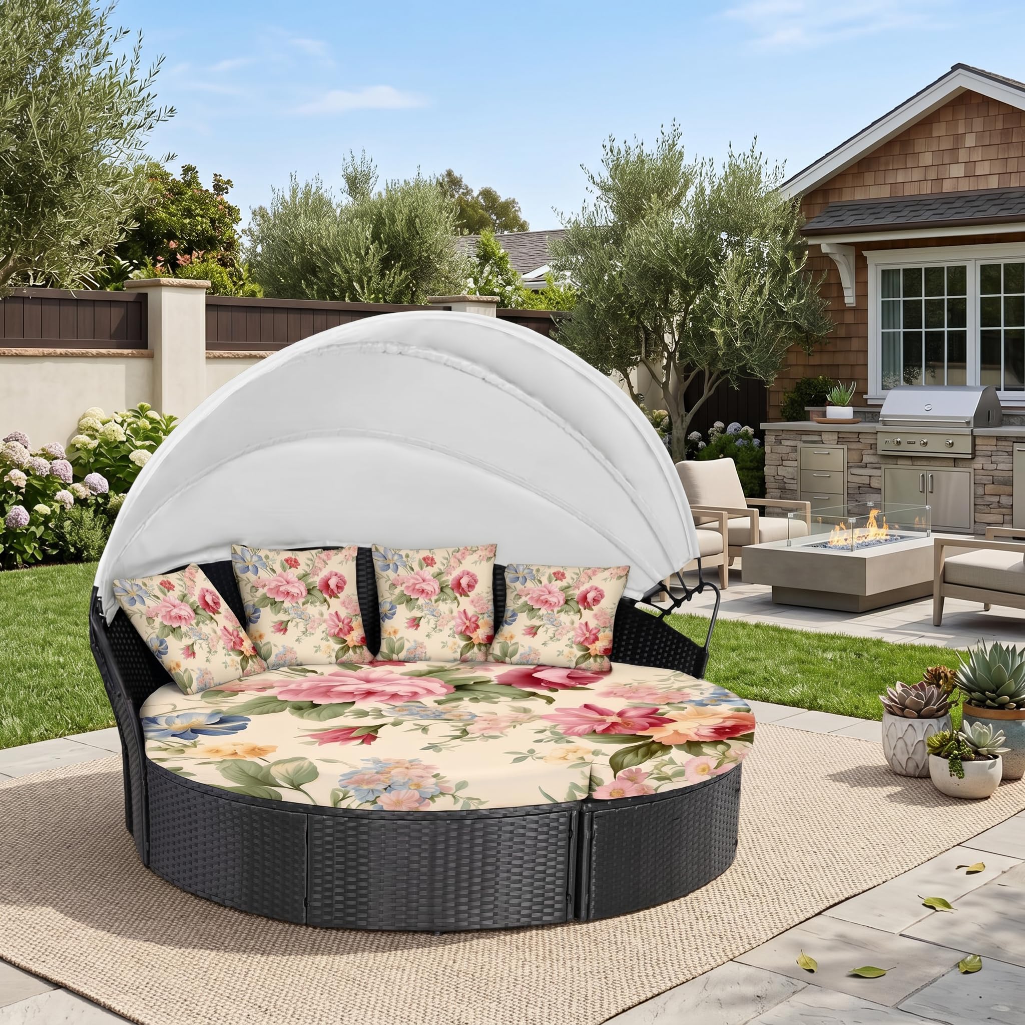 LiveGo Outdoor Daybed Cushion Cover, 66" Replacement Daybed Cover with Elastic Band, Sun Bed Cushion Cover, Outdoor Round Bed Cushion Covers (Flower B, 4 Quarters Round Covers + 3 Pillow Covers) — image 1