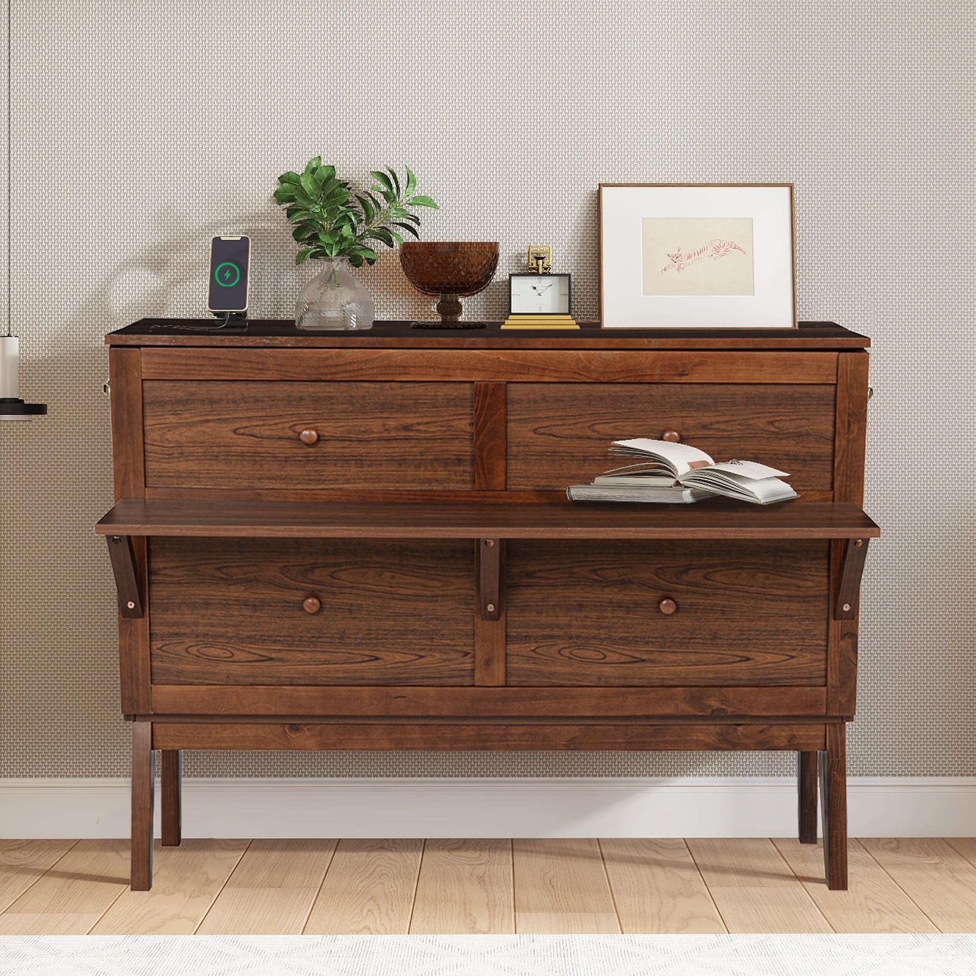 Full Size Murphy Cabinet Bed with Desk Combo and 2 Removable Shelves, USB Charging Station, Murphy Chest Dresser Foldable Bed, Space Saving for Small Space - Walnut