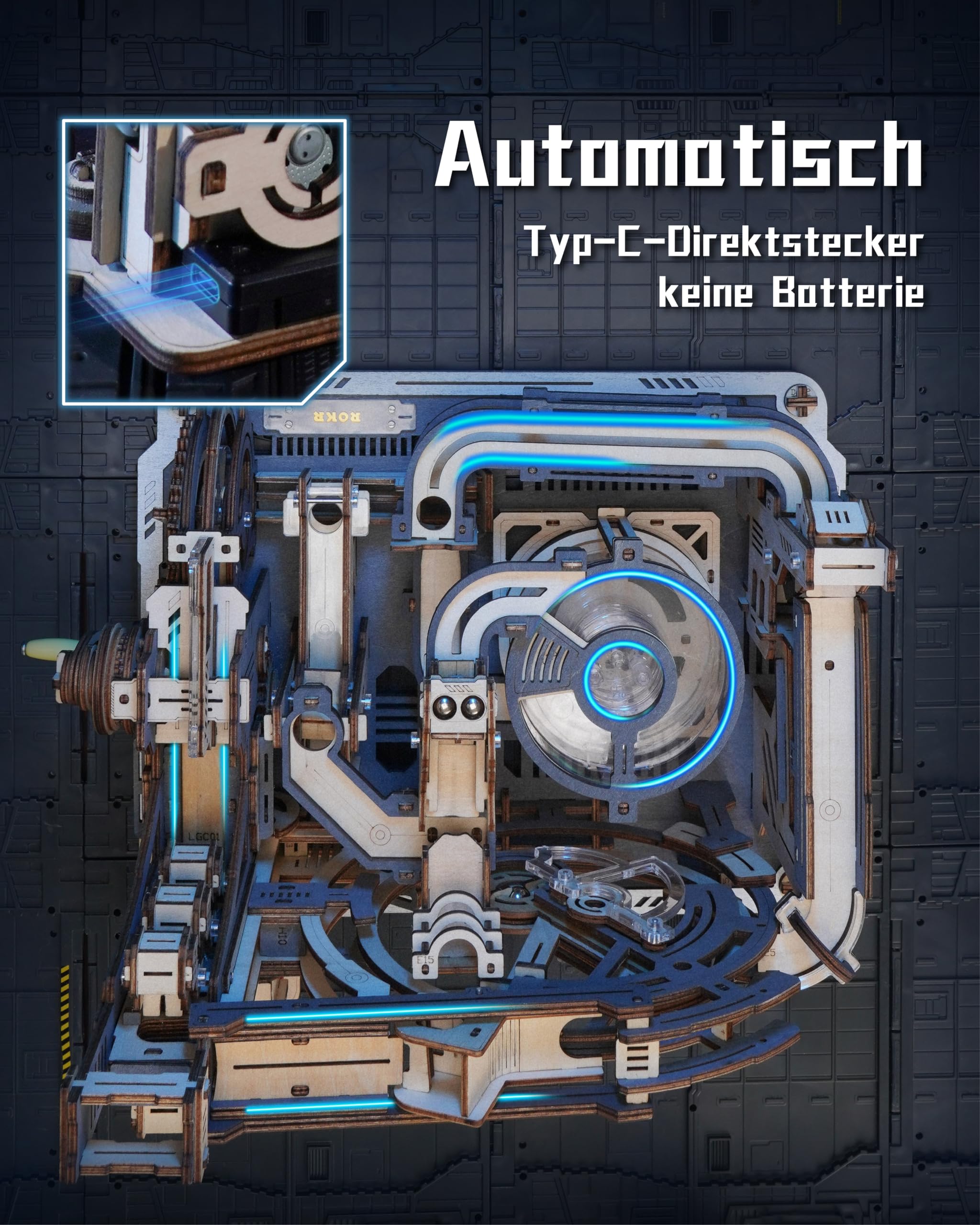 ROKR Kugelbahnen 3D Holzpuzzle für Erwachsene, 3D Puzzle Holz Motorbetriebene Mechanische Modellbausätze mit Kugeln, Automatischer & Manueller Modi, Marble Spaceport, LGC01