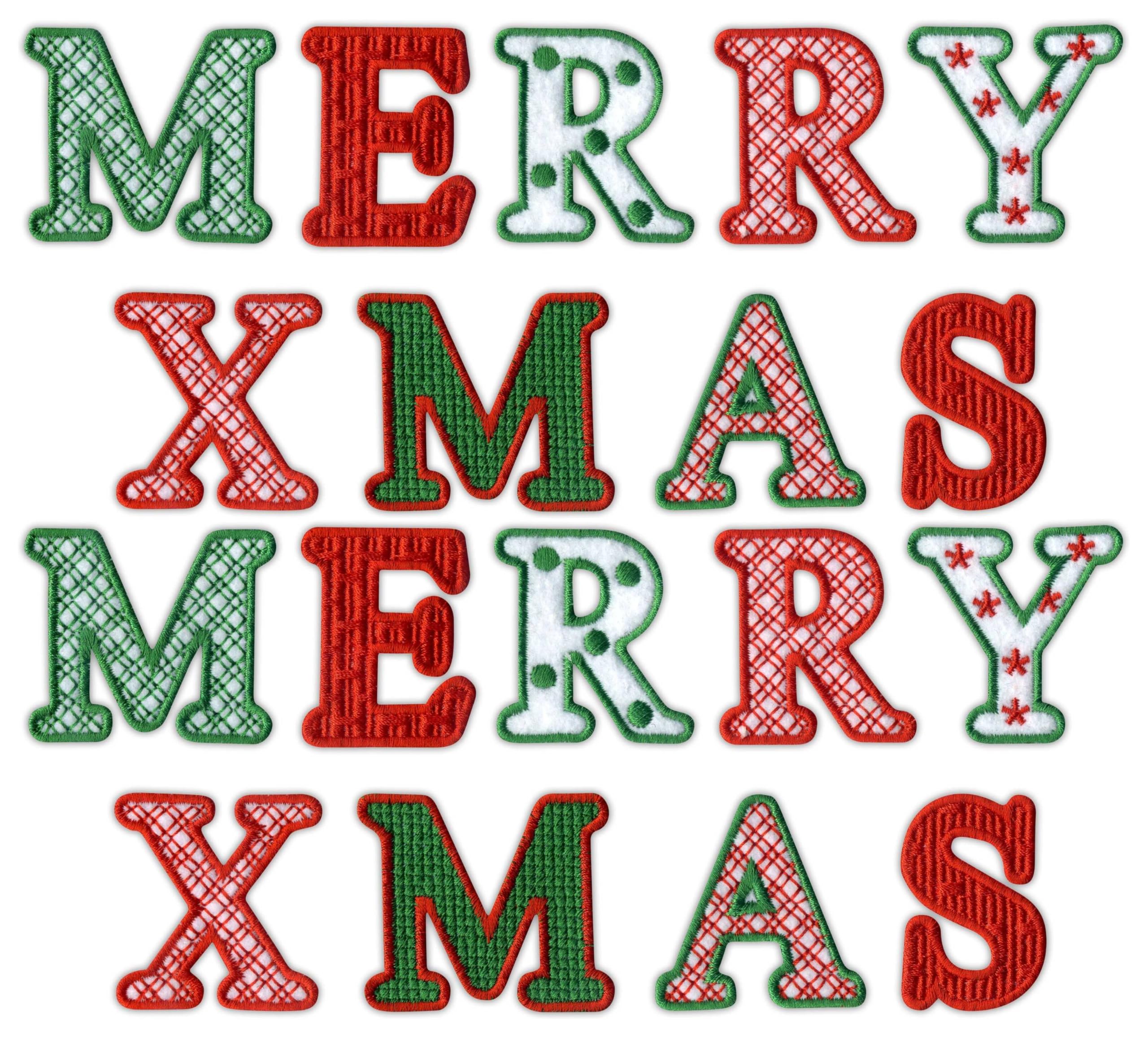 Juego de 2 parches bordados con inscripción «Merry Christmas» para coser o planchar