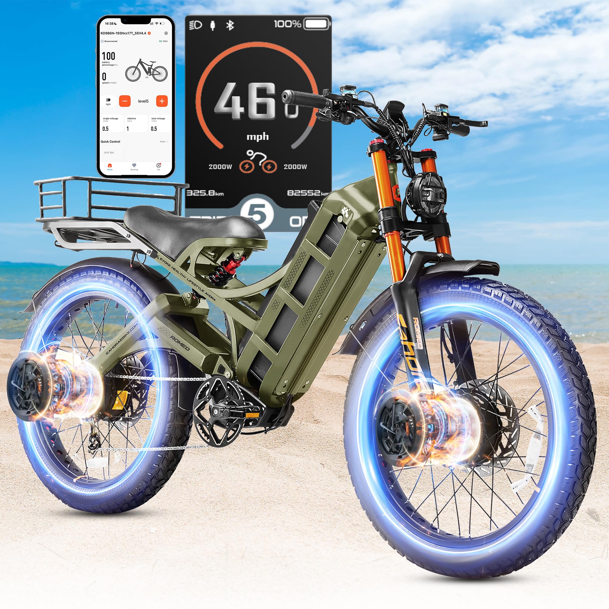 2025 eAhora Romeo Pro 3/2 50Mph/46Mph Electric Bike for Adults Peak 5600W/4000W Dual Motor Ebike, 60V/80Ah 52V/70Ah 235+Miles Long Range Ebike, 26*4.0" Fat Tire Electric Mountain Bike, Full Suspension