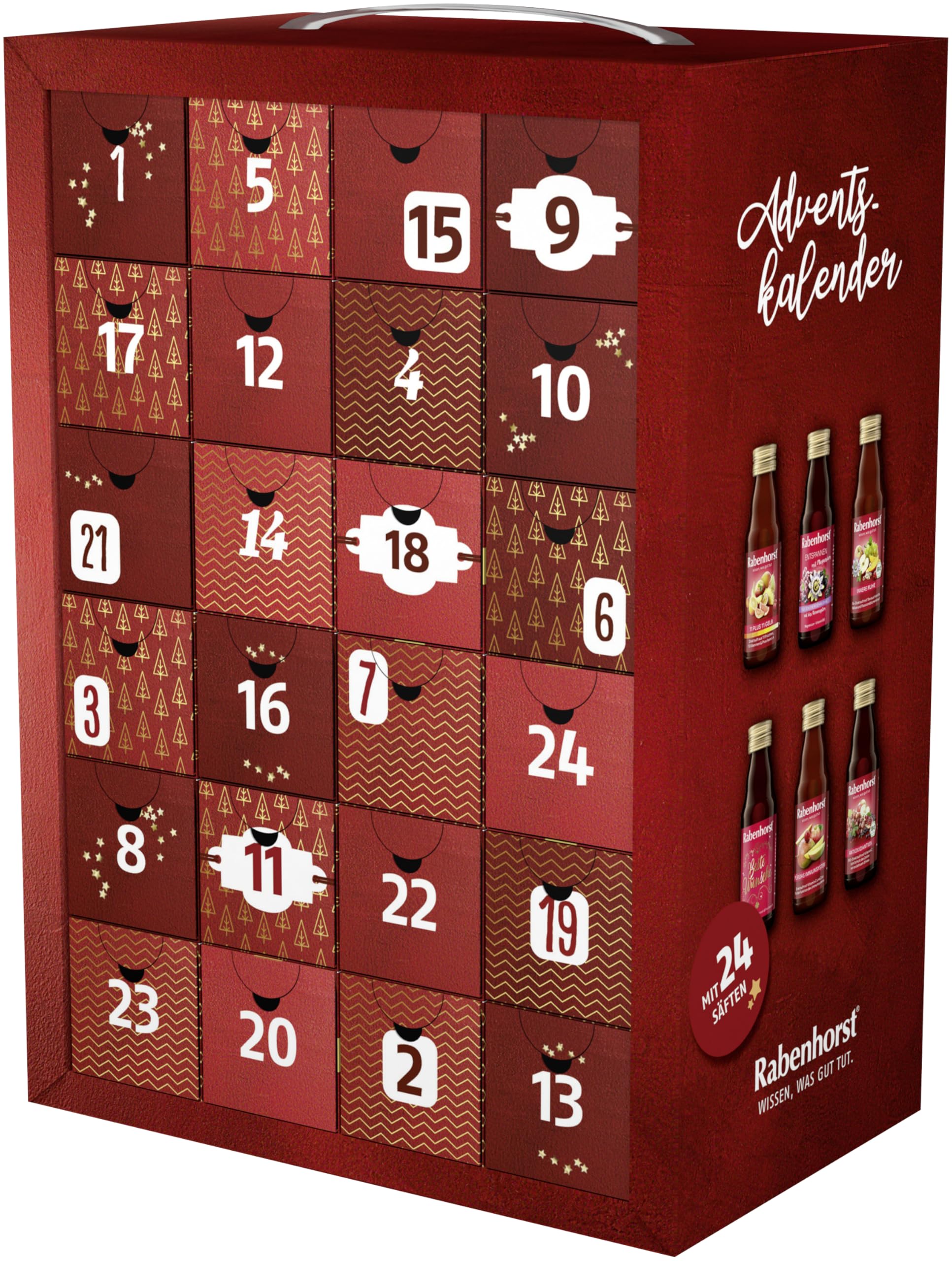 RABENHORST Saft Adventskalender 2025 | 24 hochwertige Direktsäfte in Glasflaschen (12 verschiedene Sorten) – Gesunder Adventskalender für Kinder und Erwachsene