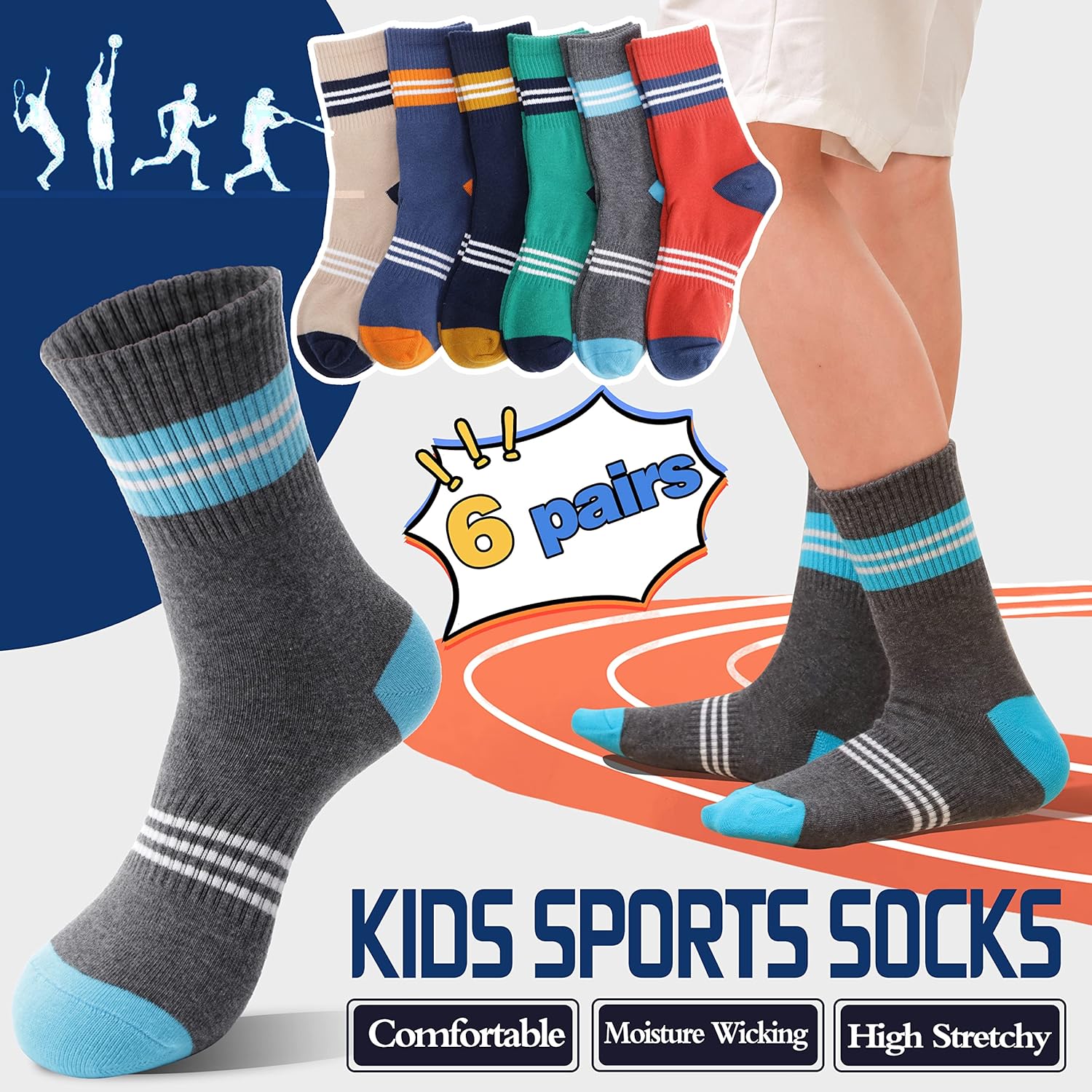 6 Pairs Kids Boys Girls Socks Athletic Basketball Youth Sport Crew Cotton Breathable Soft Socks - Image 3