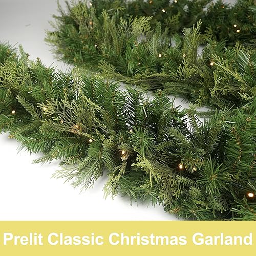 Miniatura 6 de Guirnalda de Navidad con 50 luces de 9 pies, guirnalda de Navidad preiluminada con hoja de ciprés, decoración de Navidad a pilas para escaleras,