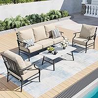Vista 30 de Juego de muebles de patio, 4 piezas de muebles modernos de metal para exteriores, sofá de 3 plazas, 2 sillas mecedoras, mesa de centro y cojín extra