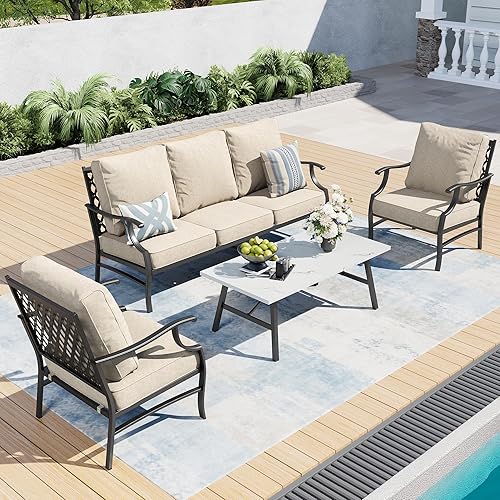 SUNSHINE VALLEY Juego de muebles de patio, muebles de patio de metal moderno de 4 piezas, sofá de 3 plazas, 2 sillas fijas, mesa auxiliar y cojín