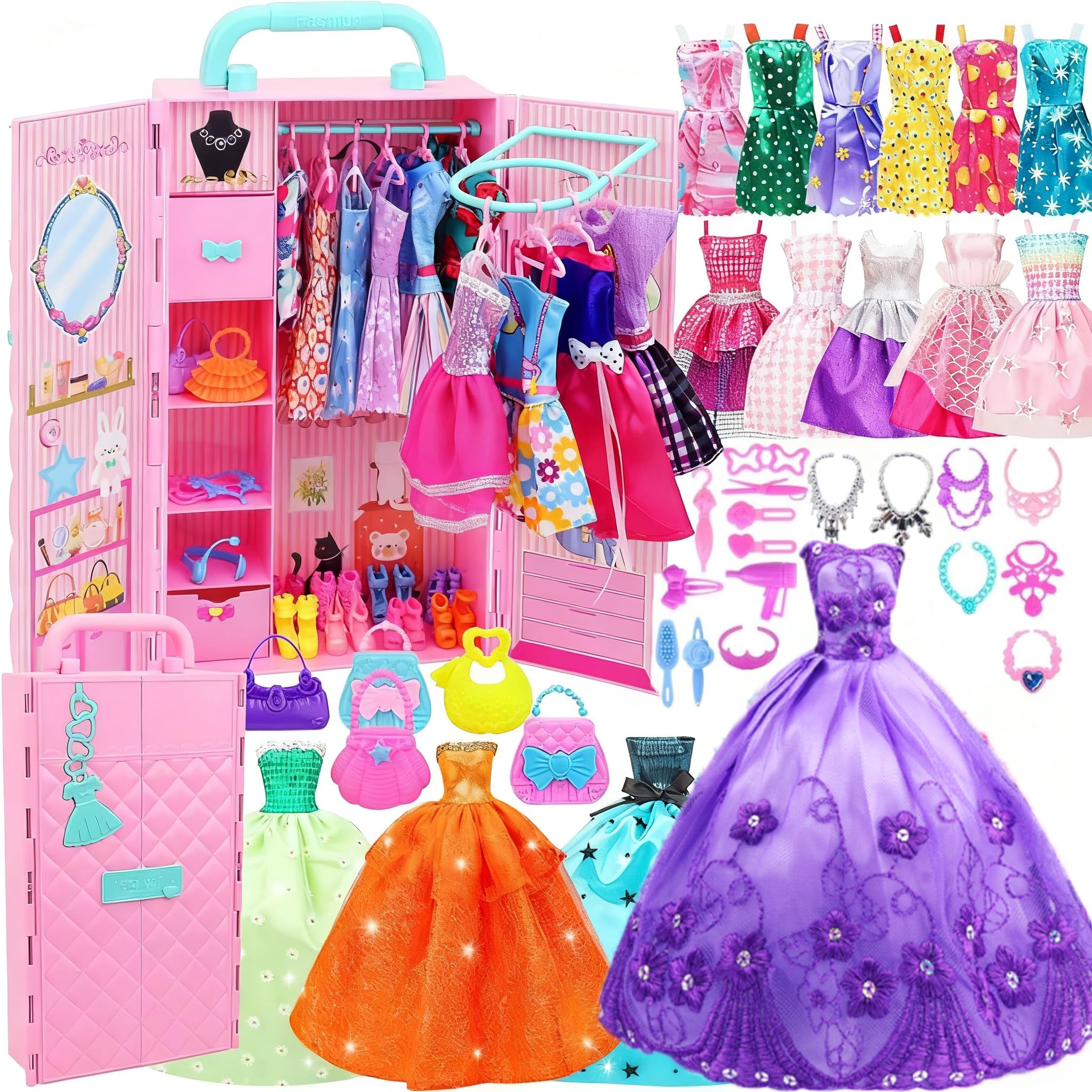 ZITA ELEMENT 108Pcs 11.5 Inch Girl Doll Closet with Clothes and Accessories, Party Dress Gowns, Fashion Dresses, Shoes, Swimsuits, Necklaces, Doll Wardrobe for Toddlers 3 Ages and Up