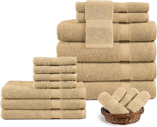 LANE LINEN - Juego de toallas de baño, 18piezas, algodón, suaves, estilo turco, 4toallas de baño, 6toallas de mano, 8toallas pequeñas, color caqui