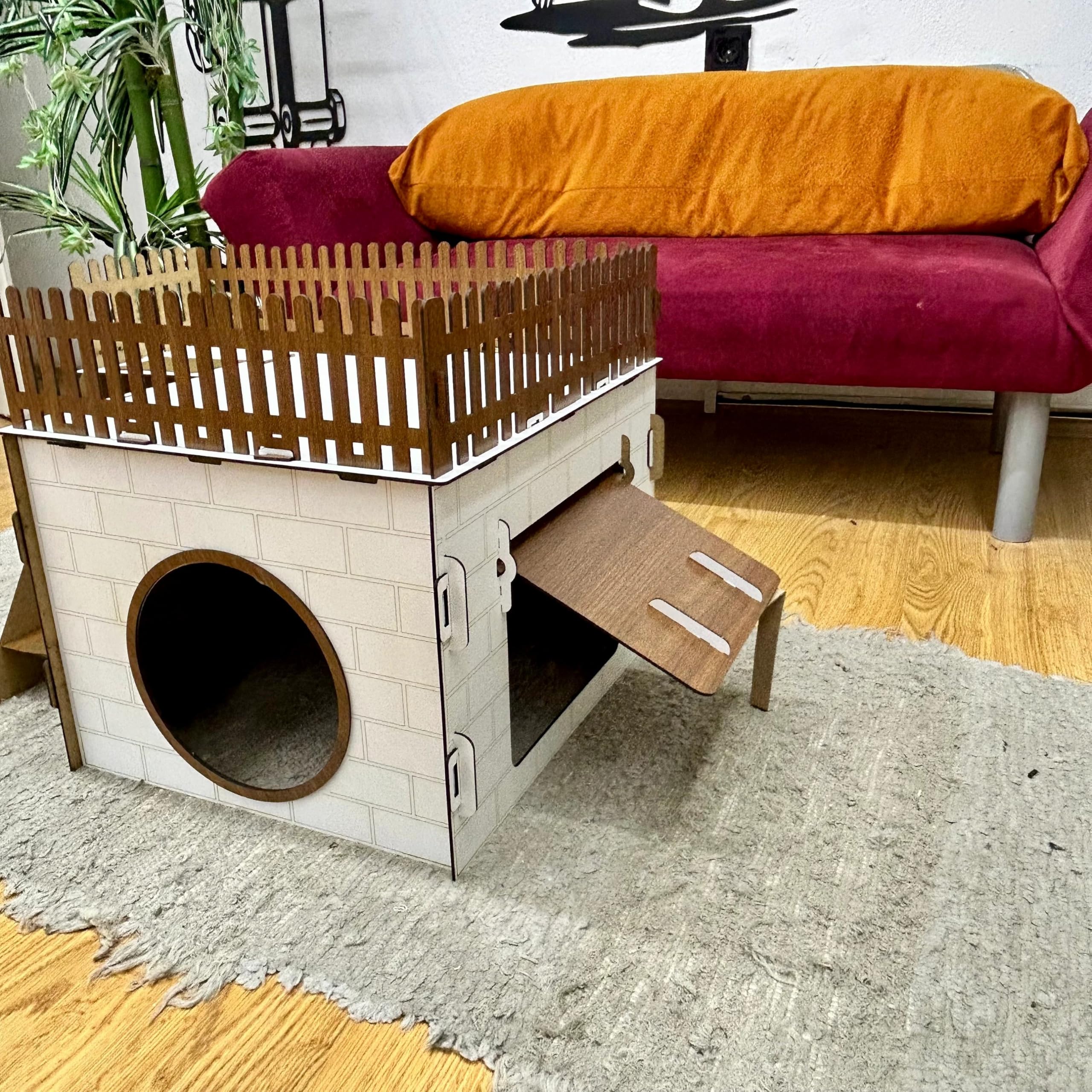 TERAS Kaninchenhaus aus Holz – Hasenhaus mit großer Terrasse & schwingender Tür – Kaninchenmöbel für 1–2 Kaninchen oder Chinchillas – Natürliches & sicheres Design (Eiche-Schwarz, N)
