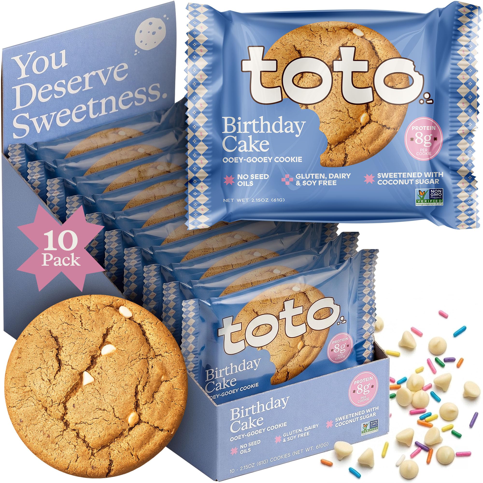 Toto Biscoitos Proteicos Birthday Cake, 8 g de proteína, 10 unidades