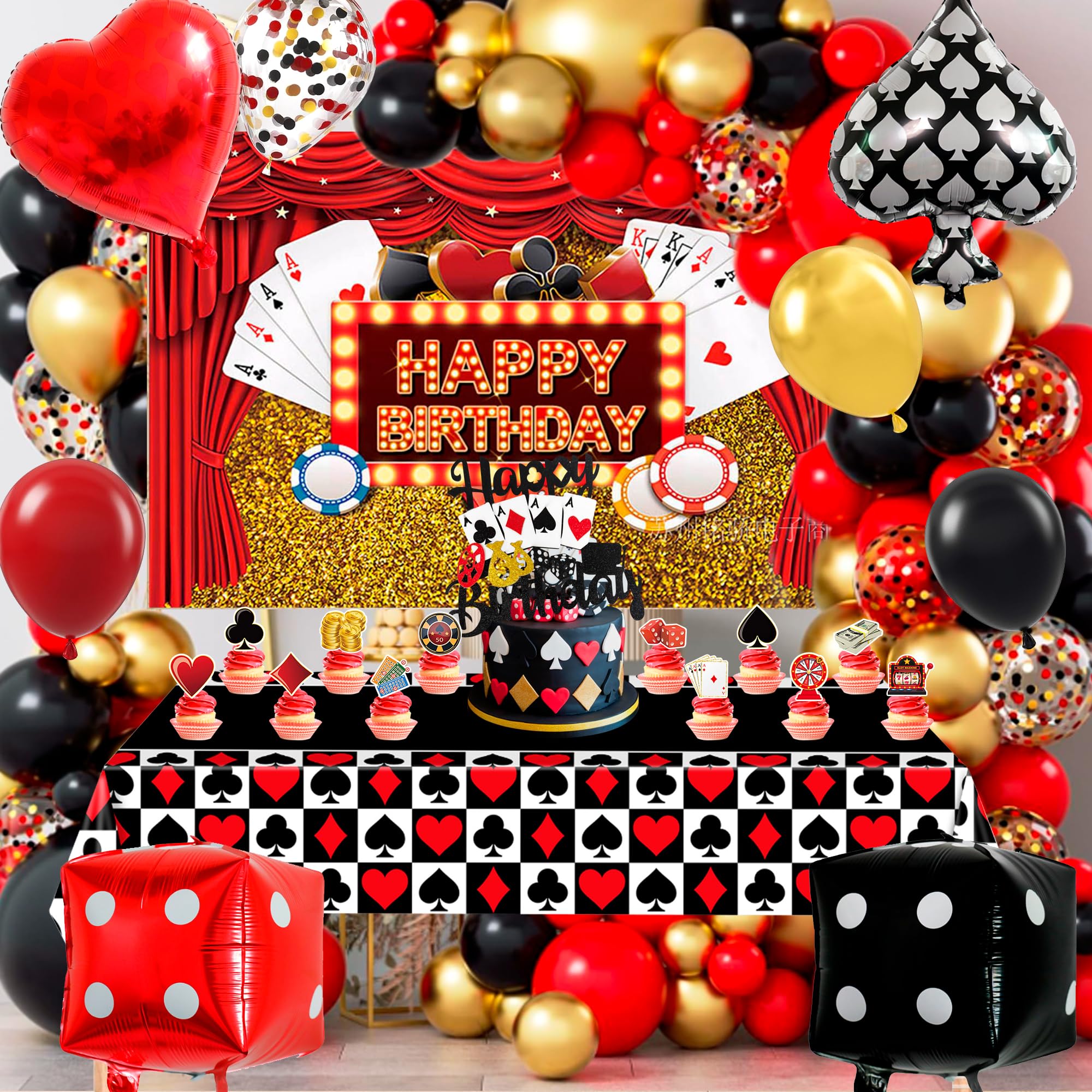 Casino Party Decorations, 85 Pcs Casino Themed Party Supplies - Casino Party Backdrop Cake Topper Tablecloth etc Las Vegas Party Decorations