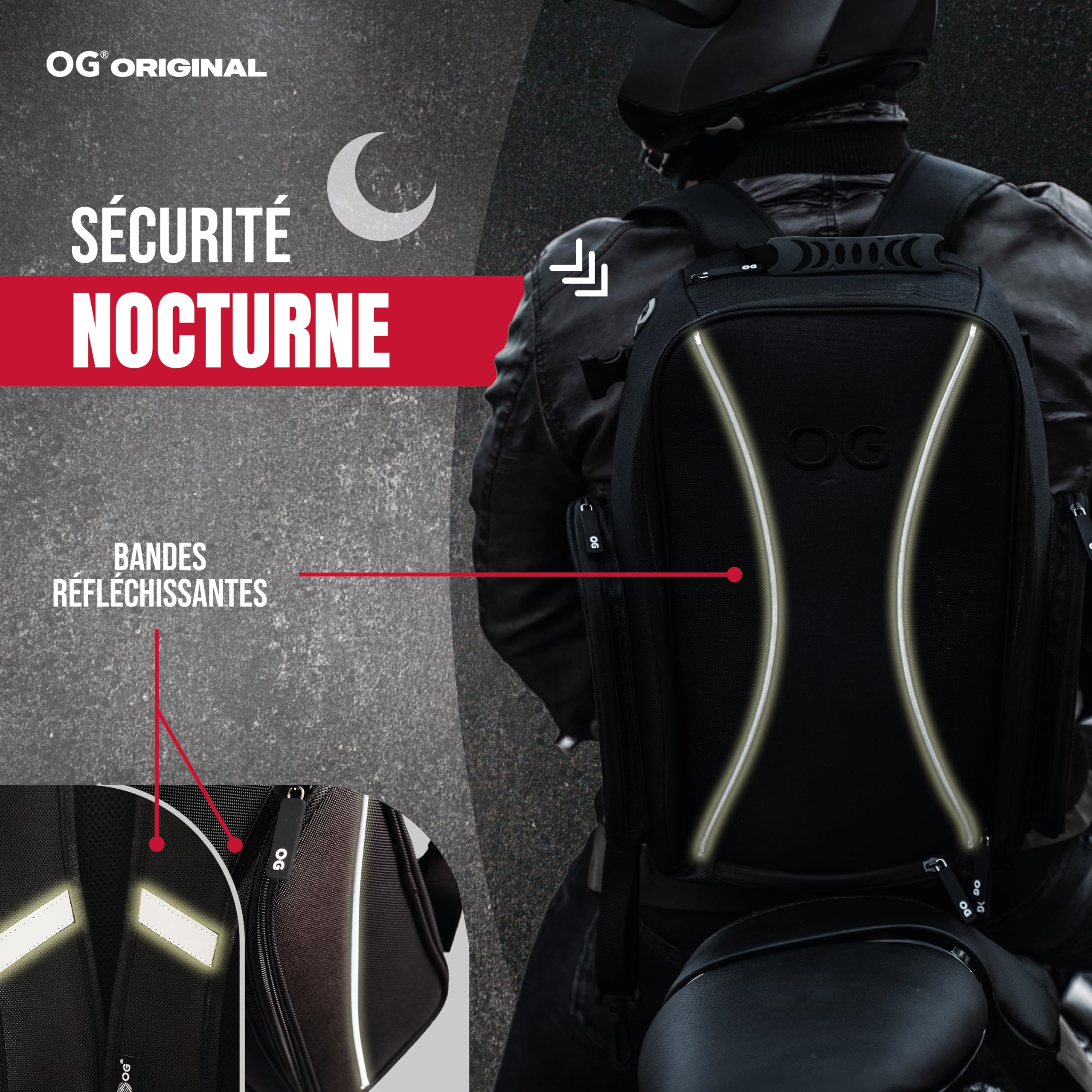 GO Sac a Dos Moto Étanche Compact 20L pour 2 Casques 2 Modes de Port | Design léger avec compartiment ordinateur, sangle casque, poche antivol et détails réfléchissants pour moto et vélo.