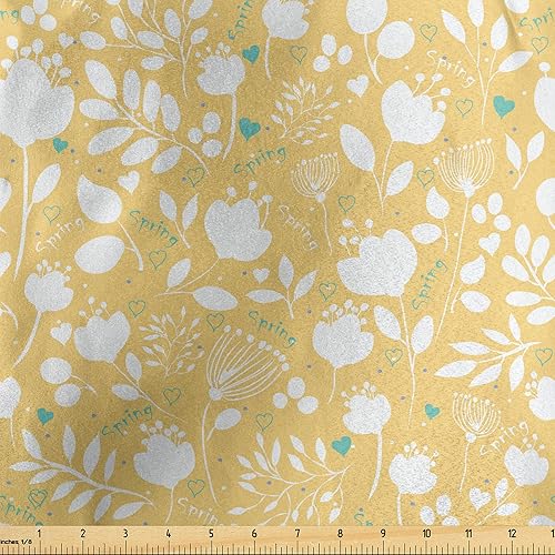Ambesonne Botanical Fabric by The Yard, Hibiscus Violet Blossoms Meadow Exotic Spring Revival Style Flourishes, Decorative Satin Fabric for Home