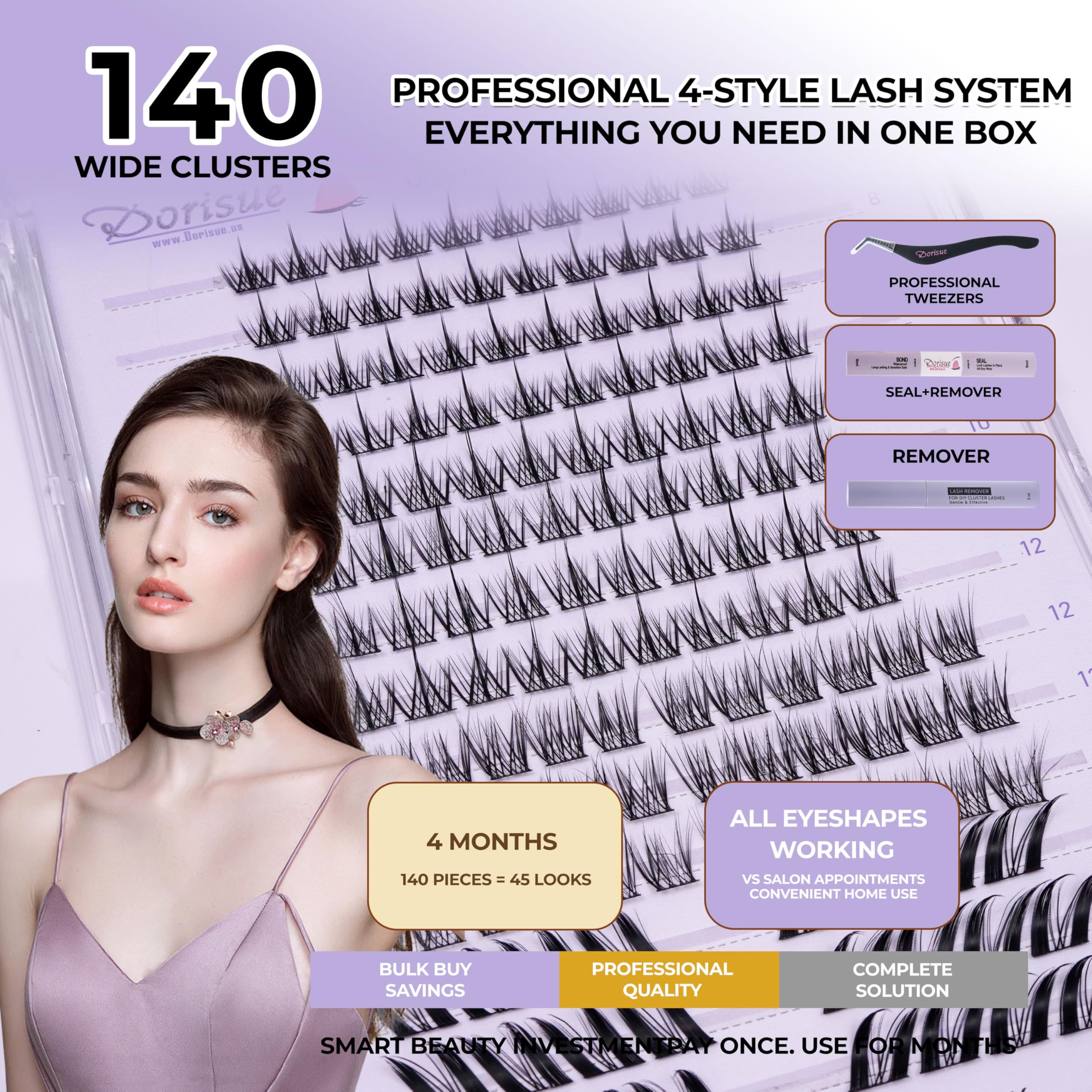 Dorisue Professional Cluster Lashes Kit 4-Styles 140PCS, Complete Bond Seal Remover System, Salon Quality Gradient Ombre - Image 2