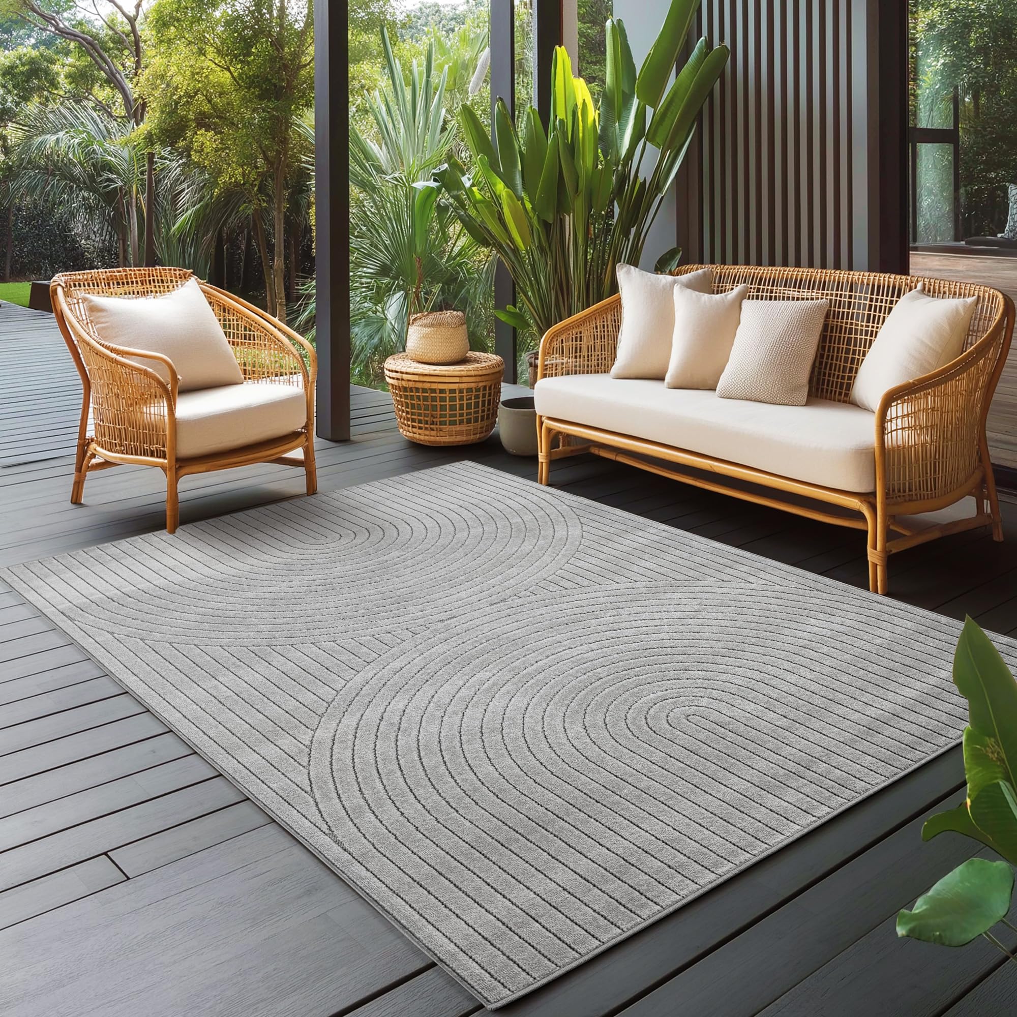 Carpettex Tapis extérieur résistant à la Pluie pour Salon, Chambre, véranda - Poils Courts Gris, Effet Relief, Doux et Lavable, Adapté à l'Extérieur, 200x290 cm