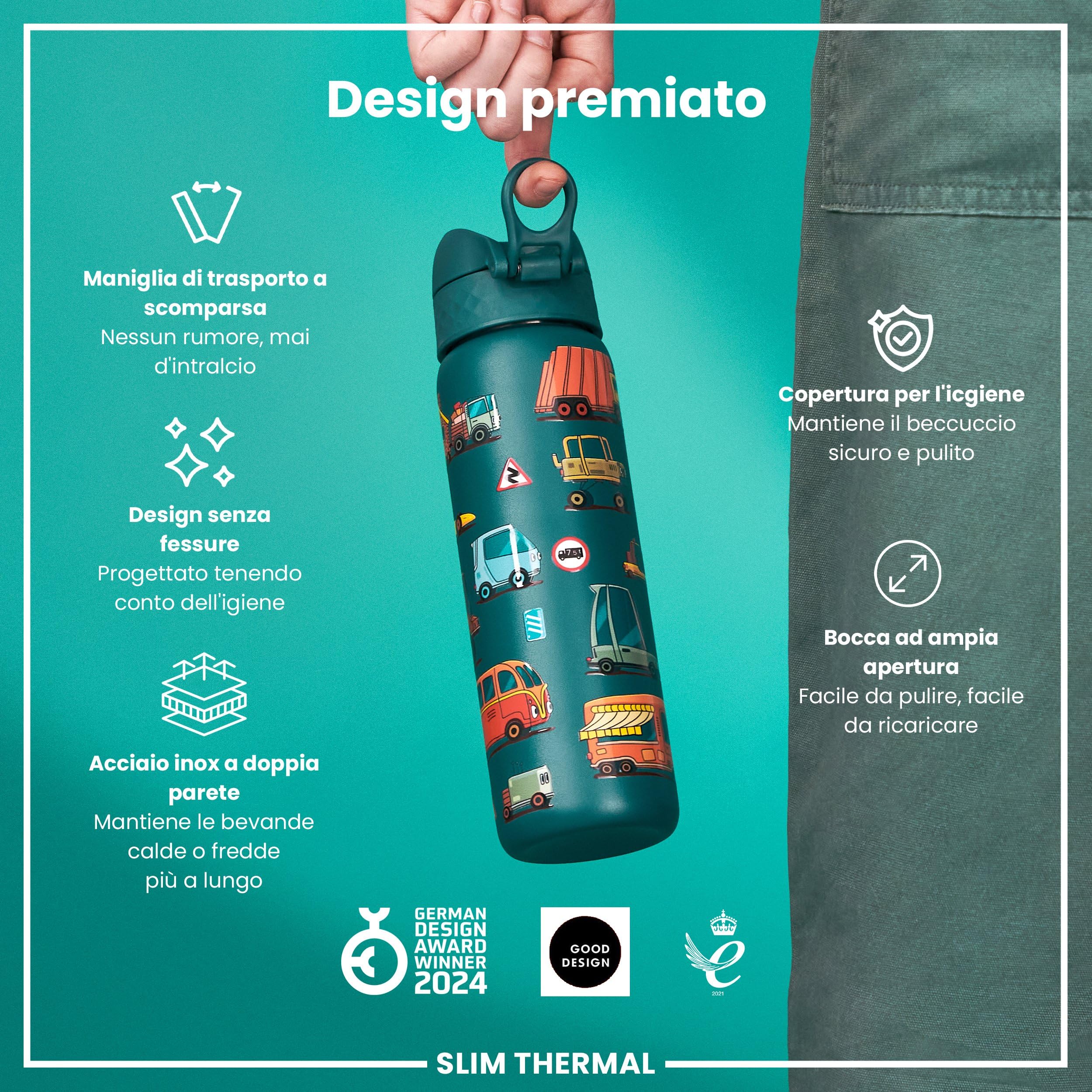 Ion8 Borraccia Termica in Acciaio Isolato, 500ml, a Prova di Perdite, Facile da Aprire, Serratura Sicura, Lavabile in Lavastoviglie, Maniglia per il Trasporto, Facile Pulizia, Durevole,Automobili