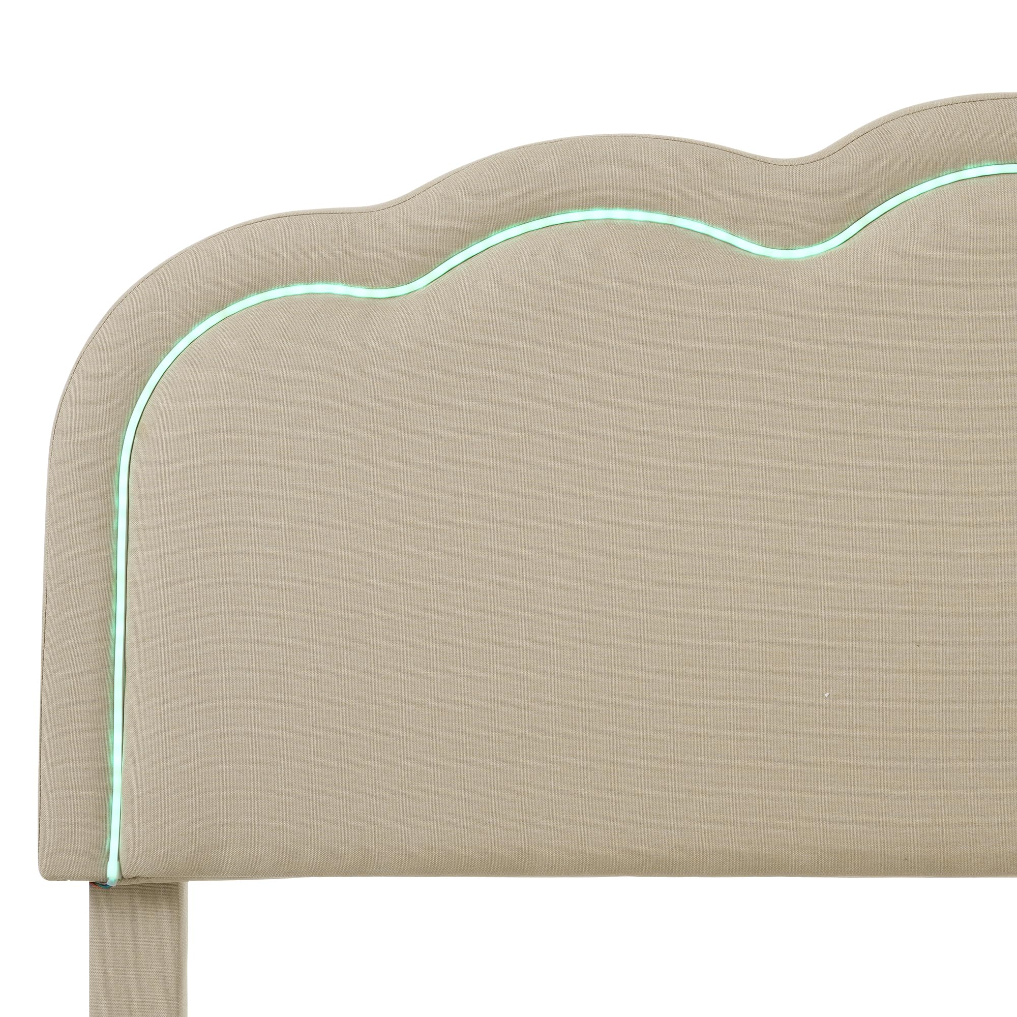 Gecheer Letto con Testiera a LED, Pompon Letto Matrimoniale 90x200 cm, Rivestito in Lino Beige, con Luci LED Regolabili e Modalità Musica, Struttura Robusta, Altezza Regolabile, per Camera da Letto
