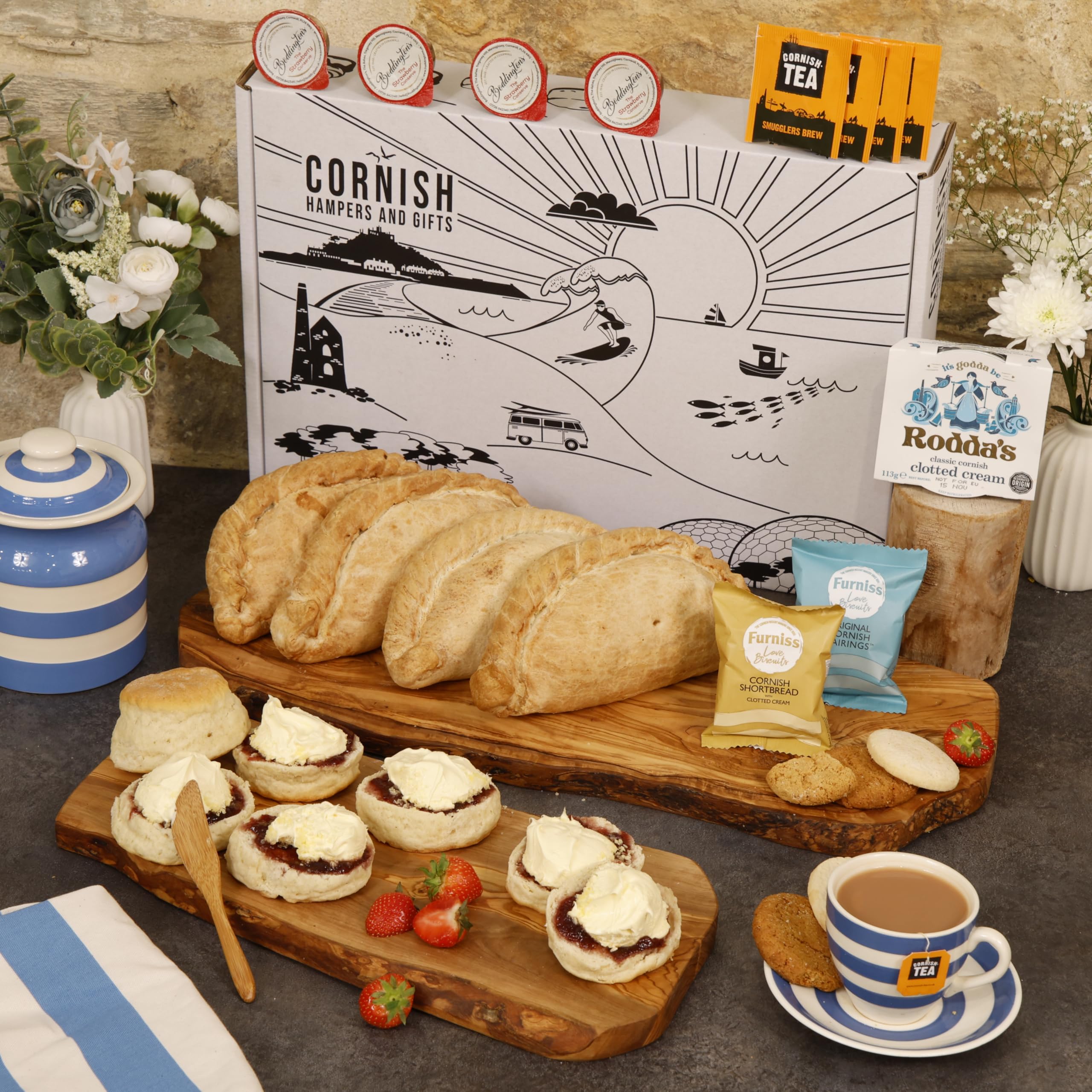The Cornish Cream Tea & Pasty Hamper 4 Person Deluxe Gift Inc Fresh Scones, Tea, Jam, Roddas Clotted Cream & 4x Gourmet Cornish Pasties Gift Hamper Anniversary, Special Occasions