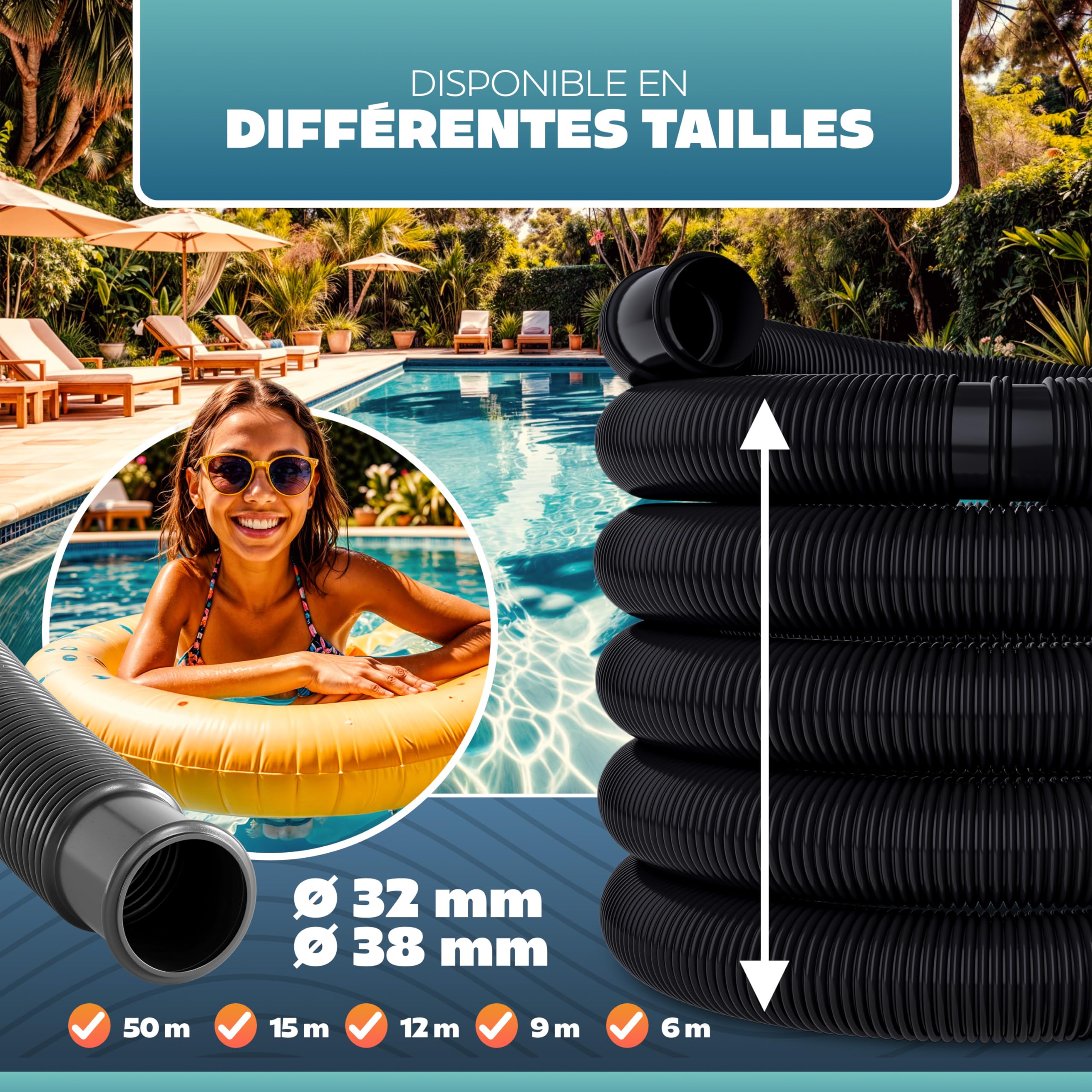 Tuyau Pour Piscine Noir, Tuyau Solaire, Ø 38 mm, Divisible tous les 158 cm, Longueur: 6,3 m