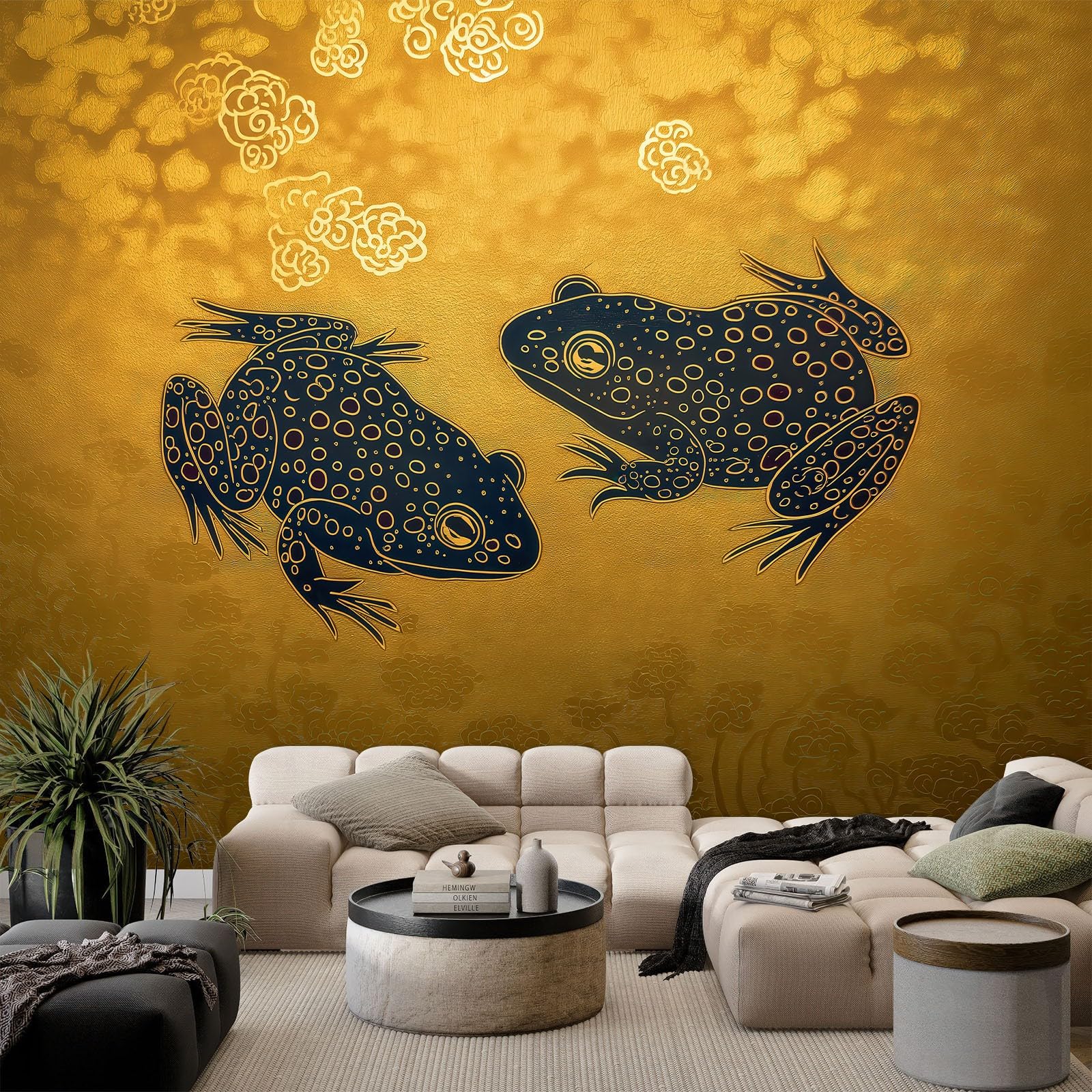 Japoński obraz, walczące żaby, mural, żółta, wysokiej jakości flizelina, fototapeta do pokoju dziecięcego i pokoju gier, tło - 250 x 175 cm