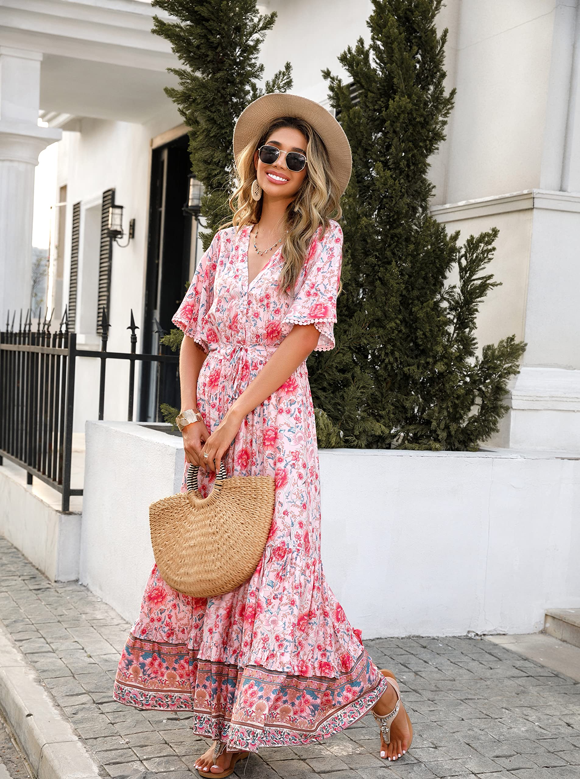 R.Vivimos Femmes D'été Cou en V Bouton à Manches Courtes Robe Bohème Fleur Longue Robe A Ligne Volants Longue Plage Robe