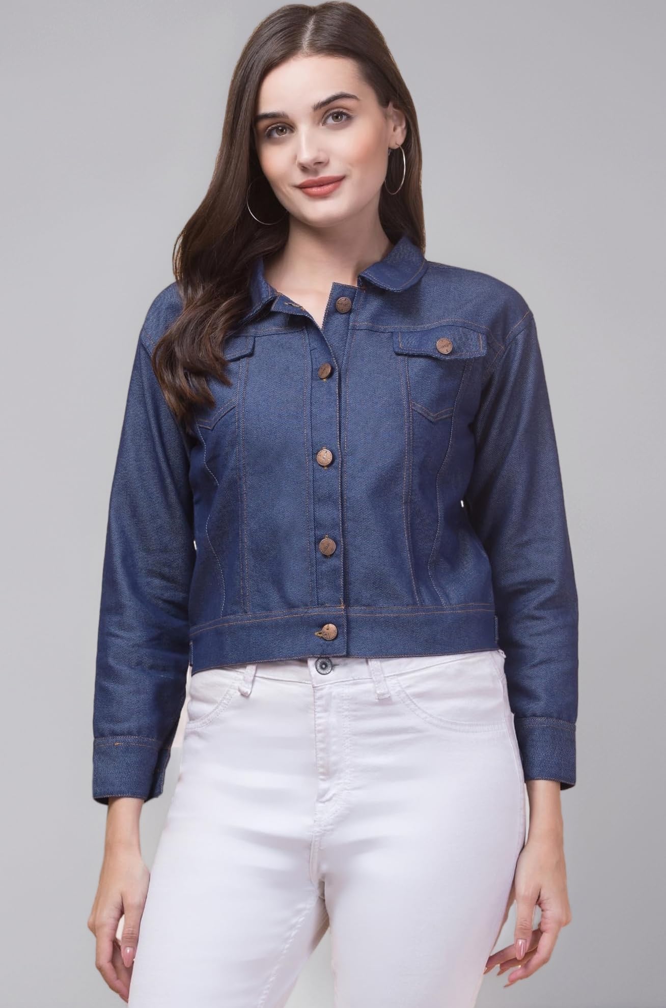 Full Sleeve Blue Solid Women's Denim Jacket