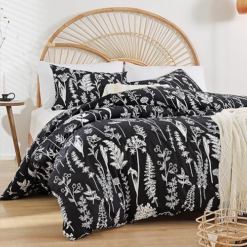 JANZAA Funda de edredón tamaño matrimonial, 3 piezas, estampado botánico en verde salvia, funda de edredón de microfibra suave con cierre de
